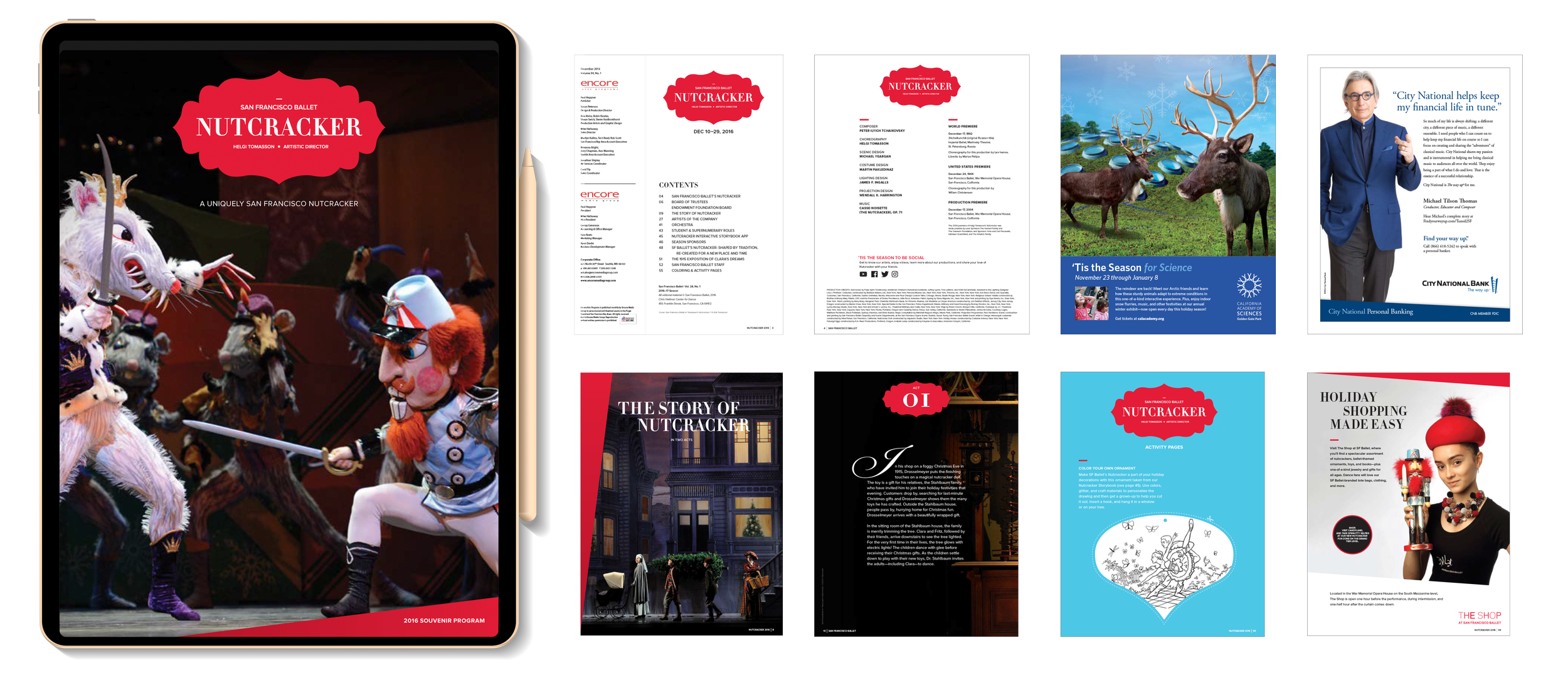 A digital tablet displaying a San Francisco Ballet Nutcracker souvenir program with costumed characters on stage. Surrounding the tablet are various printed programs, flyers, and promotional materials related to the Nutcracker production and holiday events.