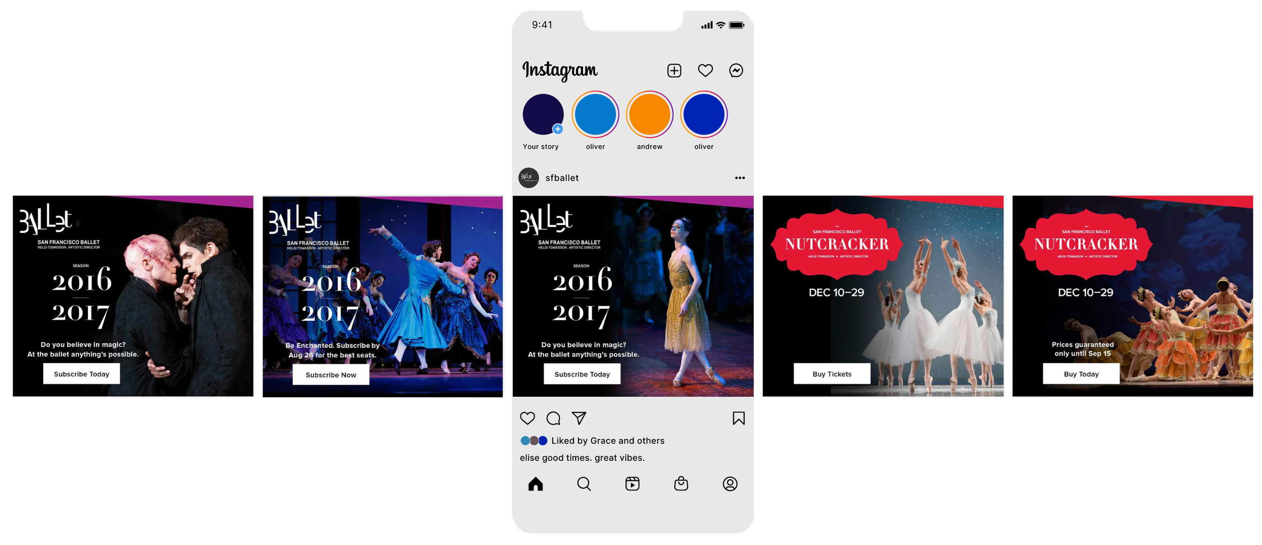 Screen displaying an Instagram profile with three story highlights and four advertisements for ballet performances.
