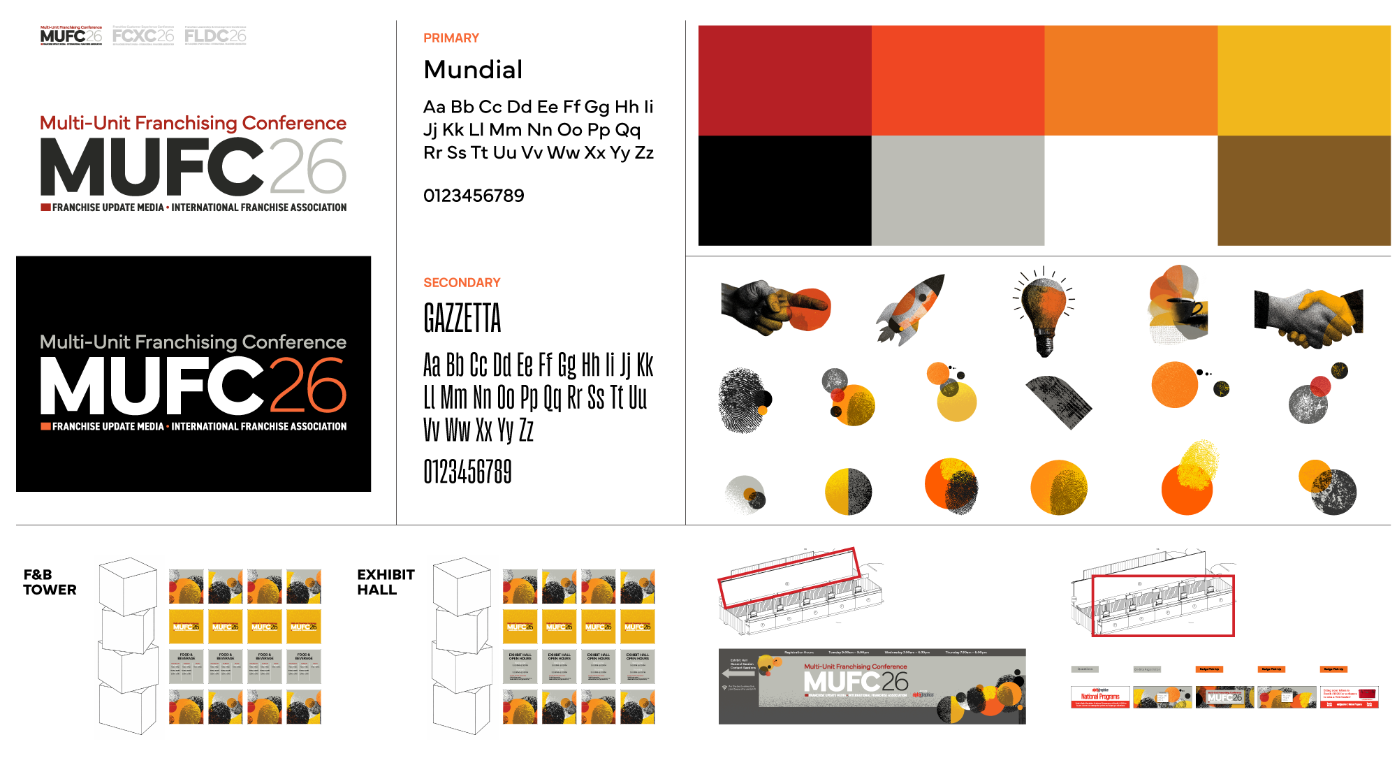 Design of a trade show booth for the Multi-Unit Franchising Conference MUFC26, featuring colorful graphics, branding, and layout plans.