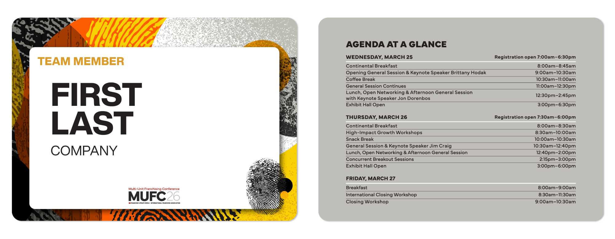 Conference schedule with agenda for March 25-27 next to an abstract book cover with the title 'First Last Company' and MUFC26 logo.
