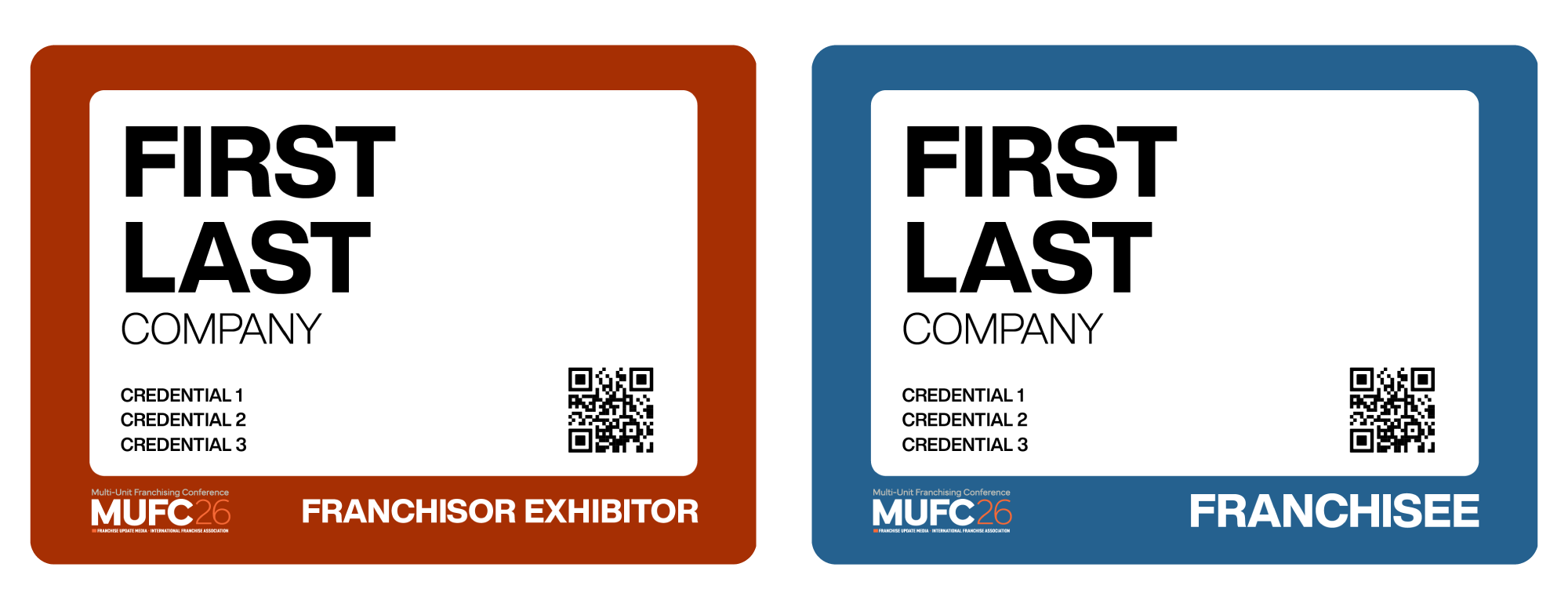Two identification badges for a franchise conference. The left badge is brown and labeled for the franchisor exhibitor; the right badge is blue and labeled for the franchisee. Both badges feature QR codes, credentials, and the conference name MUFC 26.