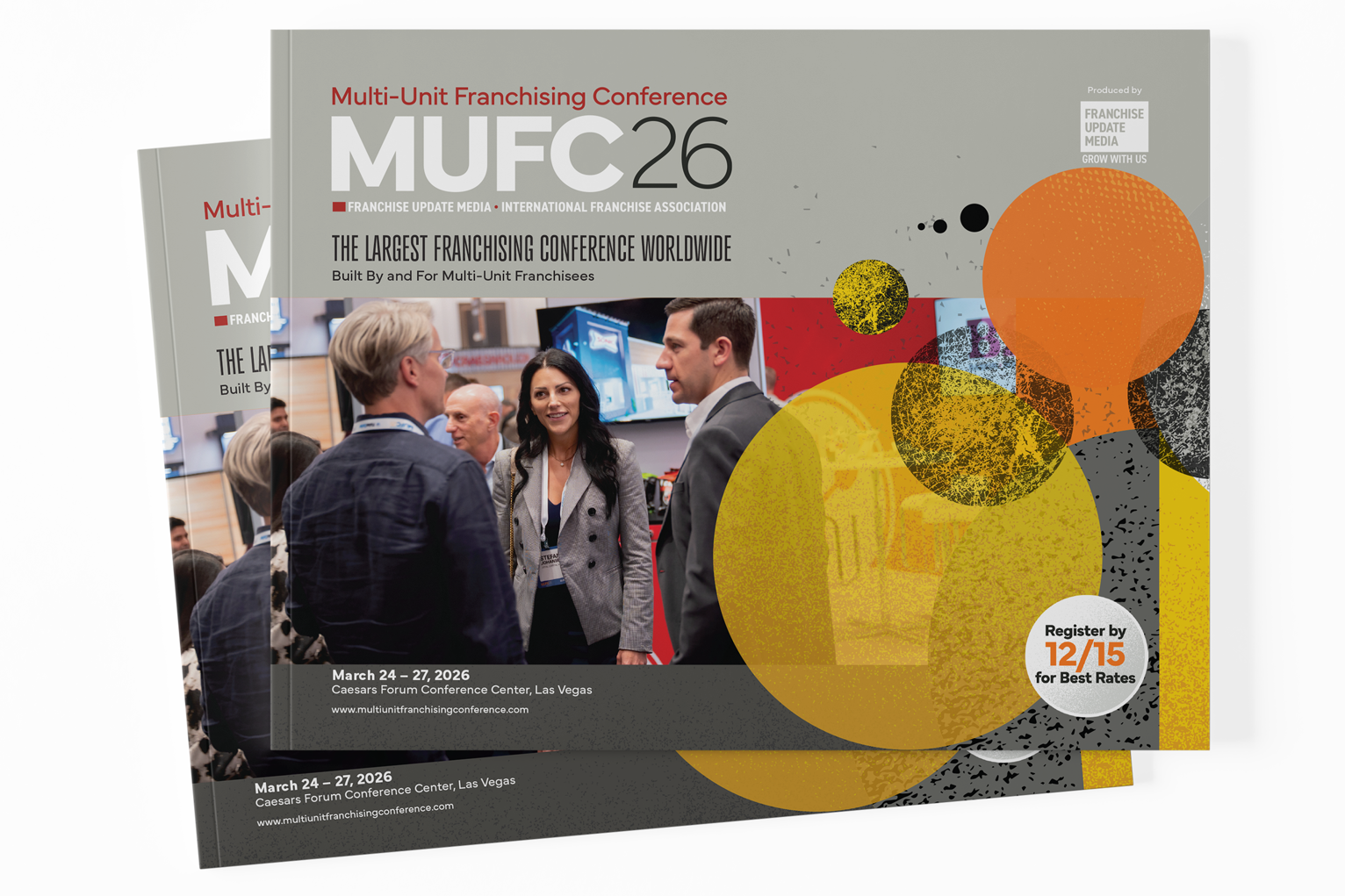 Conference brochure for the Multi-Unit Franchising Conference 2026, showing people networking at a convention. The event runs from March 24-27, 2026, at Caesars Forum Conference Center in Las Vegas.