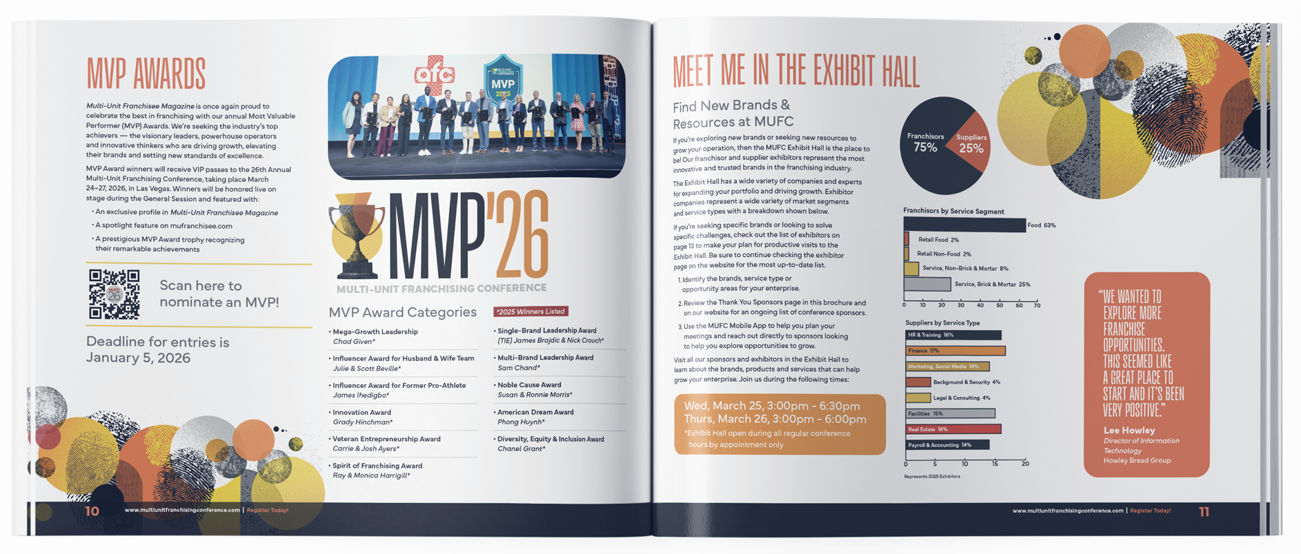 A two-page spread from a conference newsletter. The left page announces the MVP awards, describing the event, categories, and registration details, featuring a photo of award recipients. The right page provides navigation information for the exhibit 