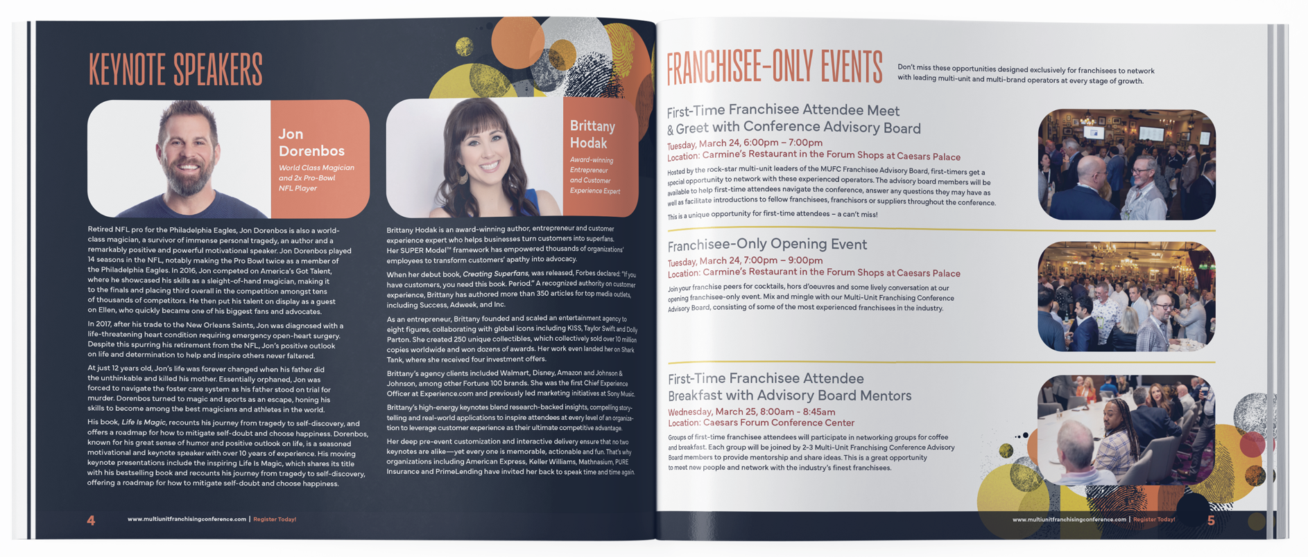 Open conference brochure with keynote speakers Jon Dorenbos and Brittany Hodak and schedule for franchise-only events including meet & greet, opening, and breakfast sessions at Caesars Palace.