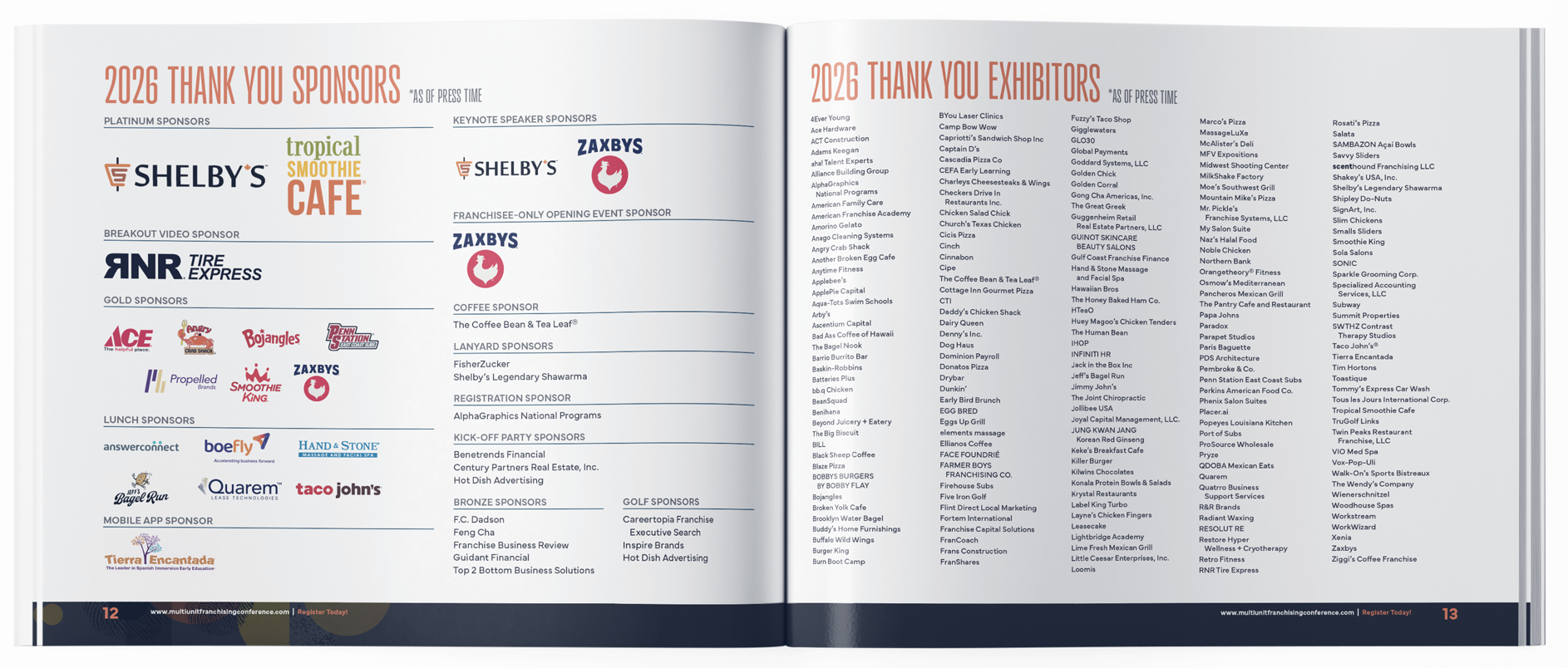 A two-page sponsor acknowledgment page from a conference program. The left page lists 2026 sponsors including Platinum, Gold, Lunch, Mobile App, Keynote Speaker, Franchisee-Only Opening Event, Coffee, Lanyard, Registration, and Bronze sponsors, with 