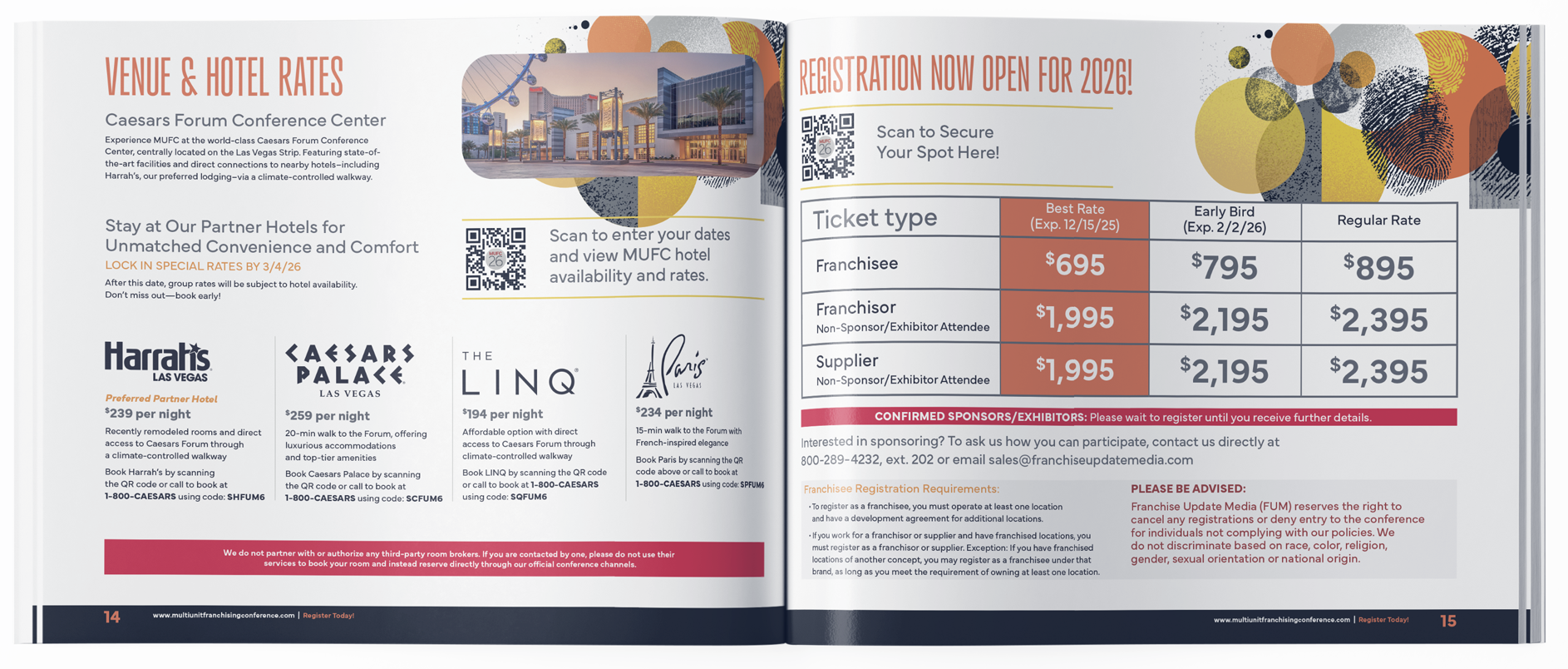 Two-page conference advertisement flyer with information on hotel rates and registration for an event at Caesars Forum Conference Center in Las Vegas. Features hotel options, rates, QR codes for reservations, and ticket pricing details, including ear