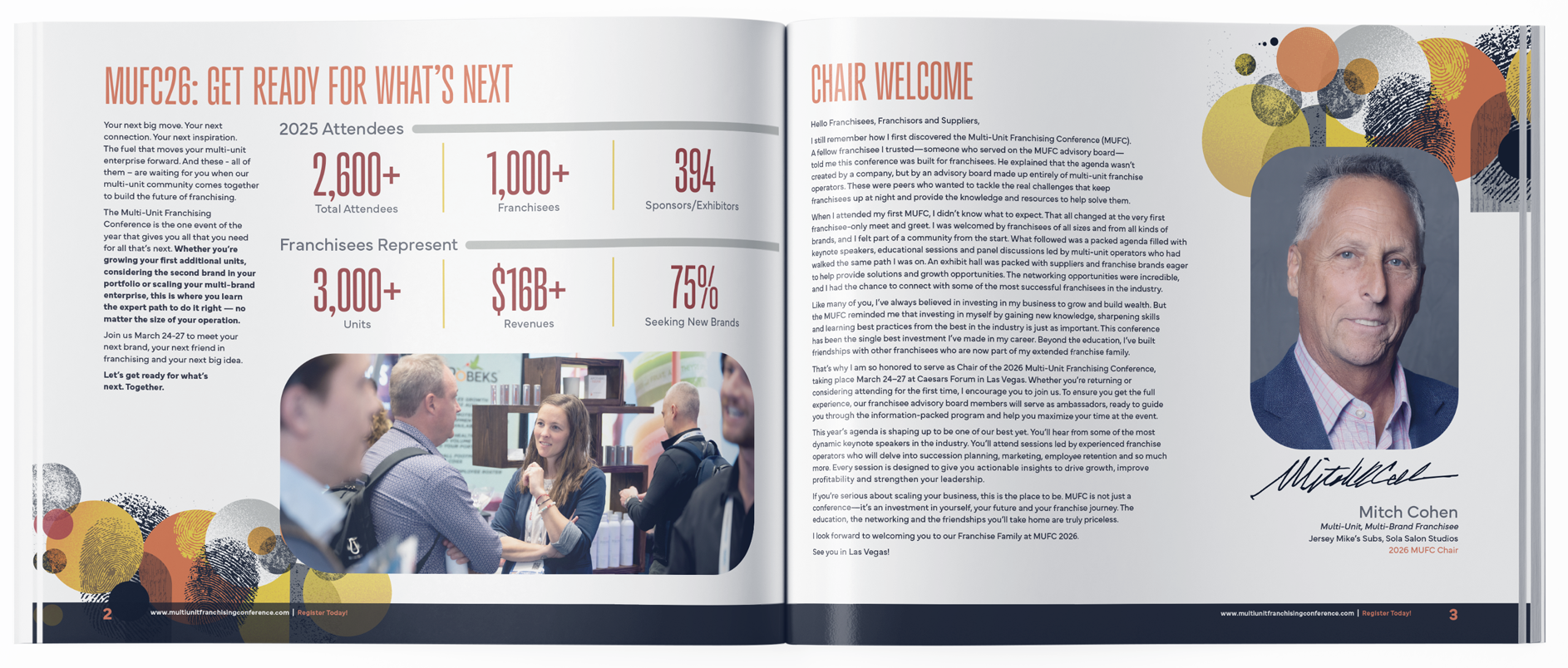 Open conference booklet with text about the MUFC26 event, featuring statistics on attendance, exhibitors, sponsor percentages, a photograph of people at a booth, and a headshot of Mitch Cohen with his signature and title.
