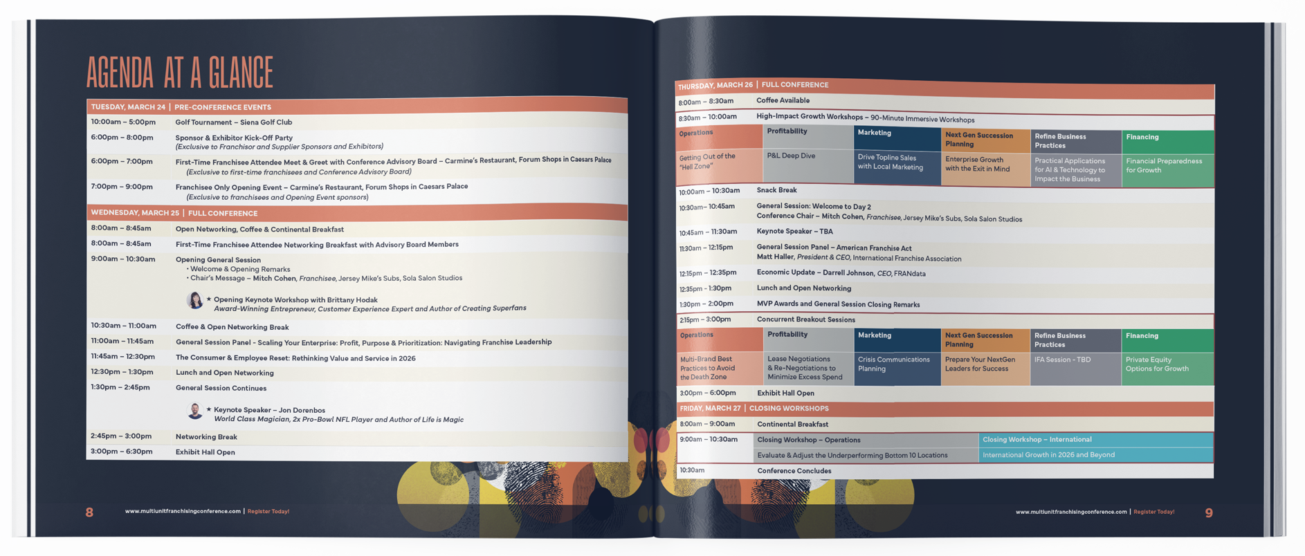Open conference agenda printed on two pages with schedule and events from March 24 to March 27, including networking, keynotes, sessions, and workshops at a franchise conference.