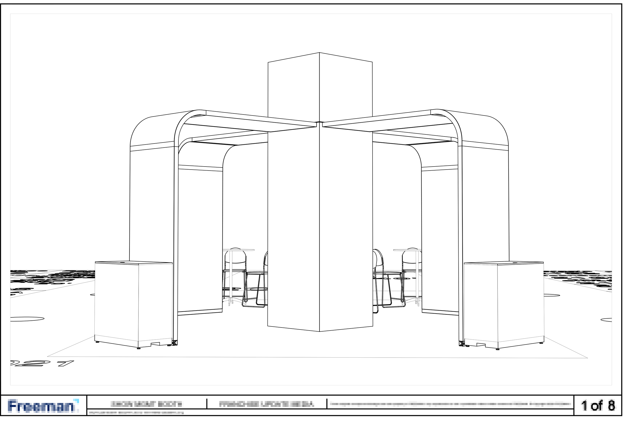 Line drawing of a trade show booth with large corner display structures, seating areas, and side counters. The booth is designed with curved lines and open space for visitors.