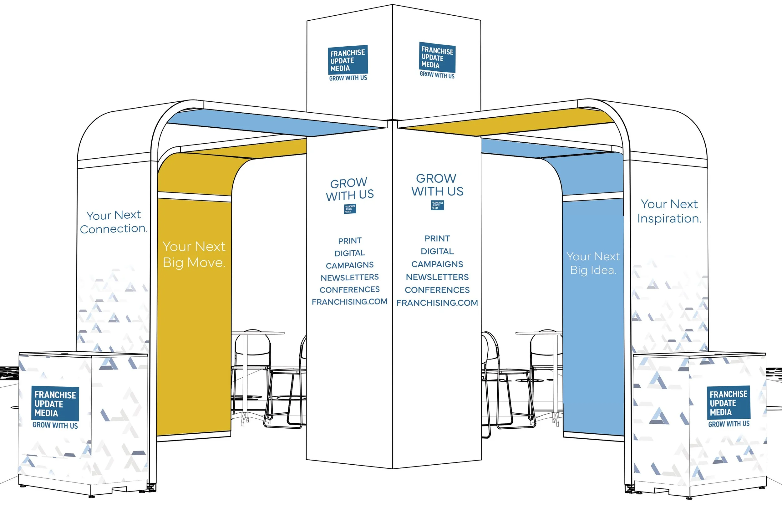 A trade show booth with banners reading 'Franchise Update Media' and slogans 'Grow with Us' and 'Your Next Big Move' and 'Your Next Inspiration'. There are chairs and small tables inside the booth.