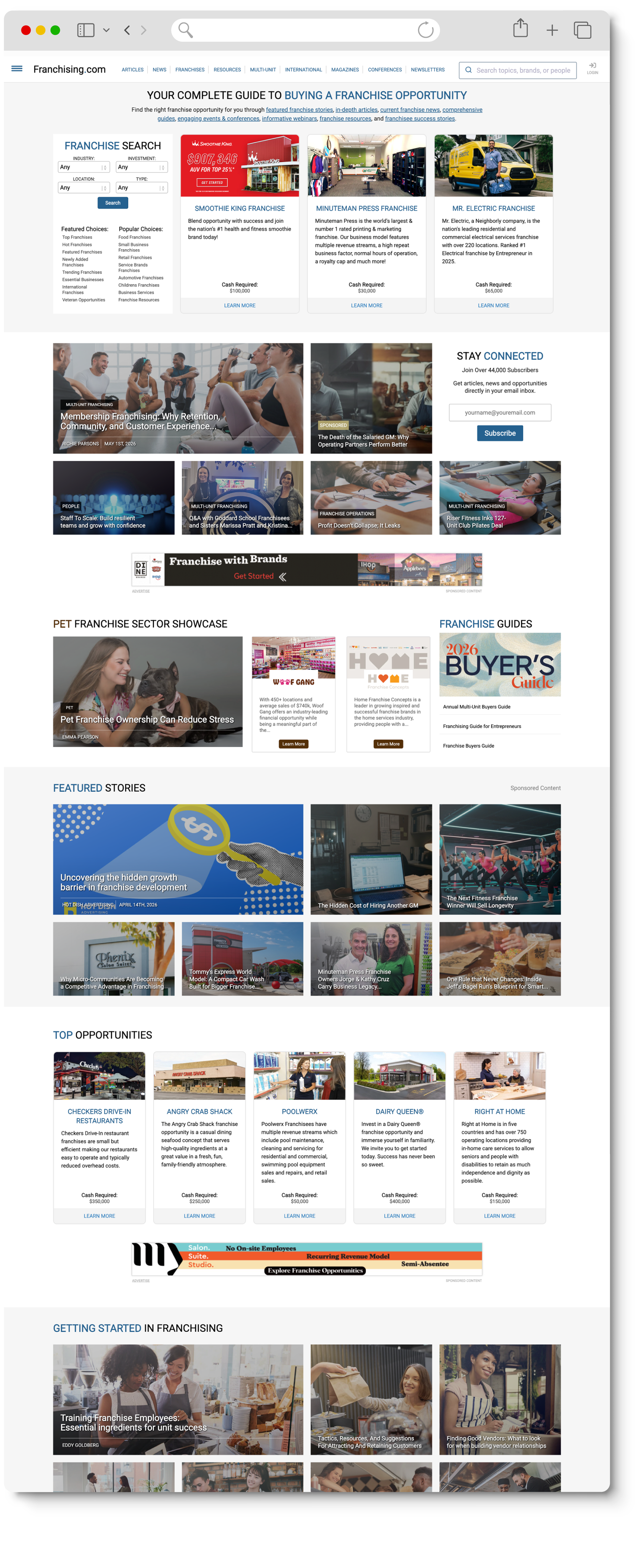 Screenshot of a website page related to franchising, showcasing franchise opportunities, guides, stories, and opportunities in various sectors.