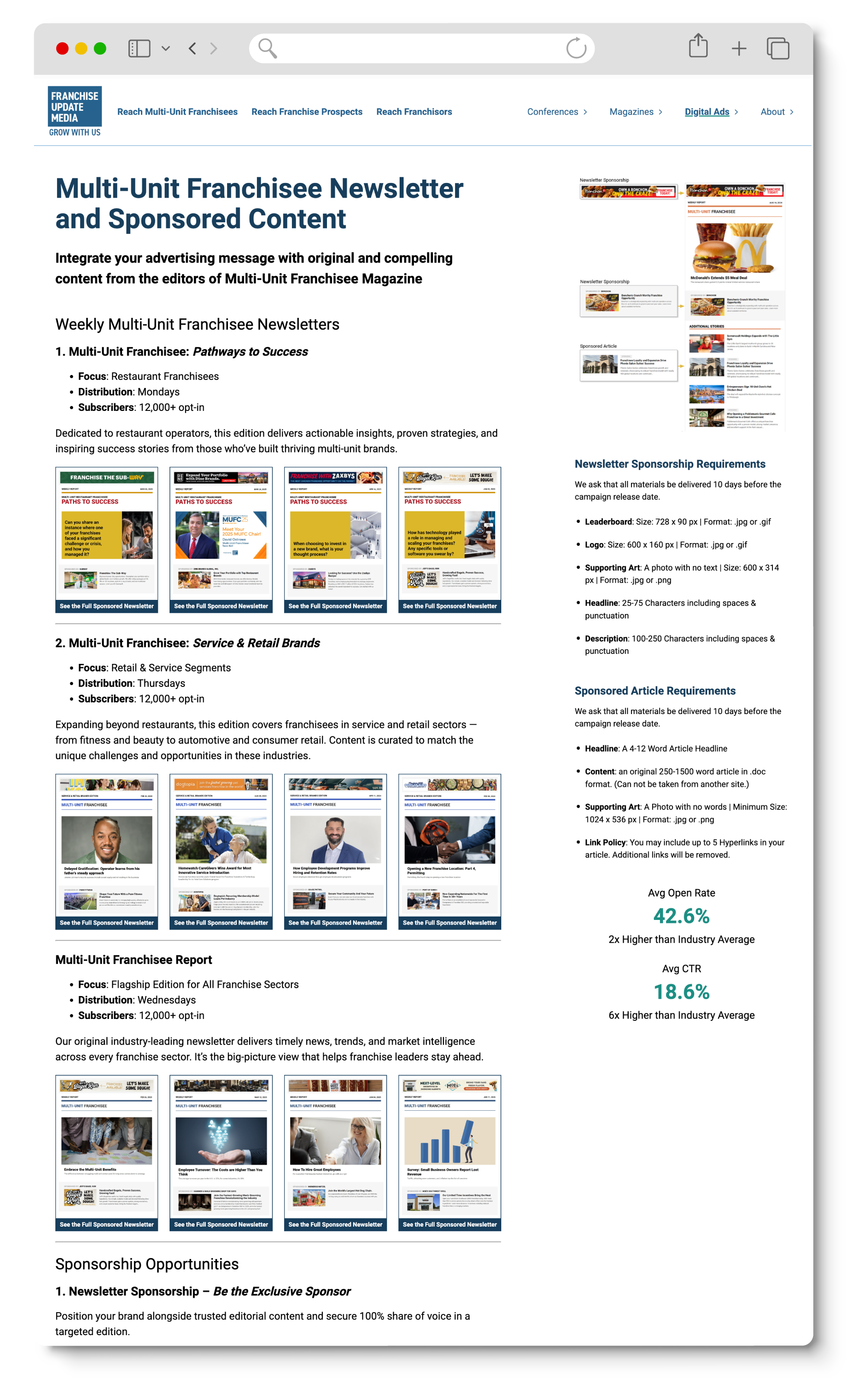 Screenshot of a webpage titled 'Multi-Unit Franchisee Newsletter and Sponsored Content,' discussing franchise marketing strategies and featuring multiple newsletter templates and statistics.