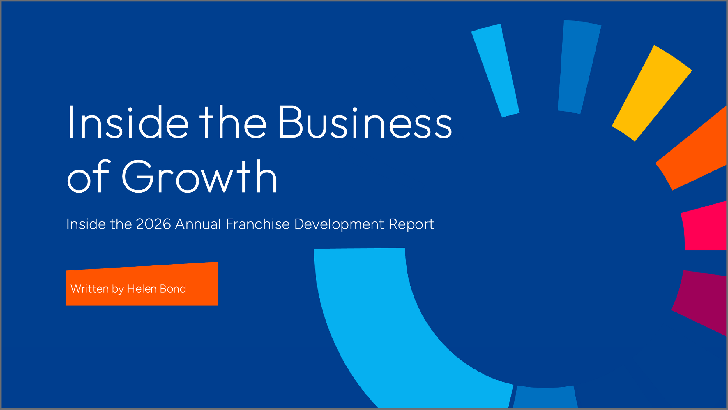 Cover page of a report titled 'Inside the Business of Growth' with colorful abstract shapes in blue, orange, yellow, pink, and purple on a blue background. The report is written by Helen Bond.