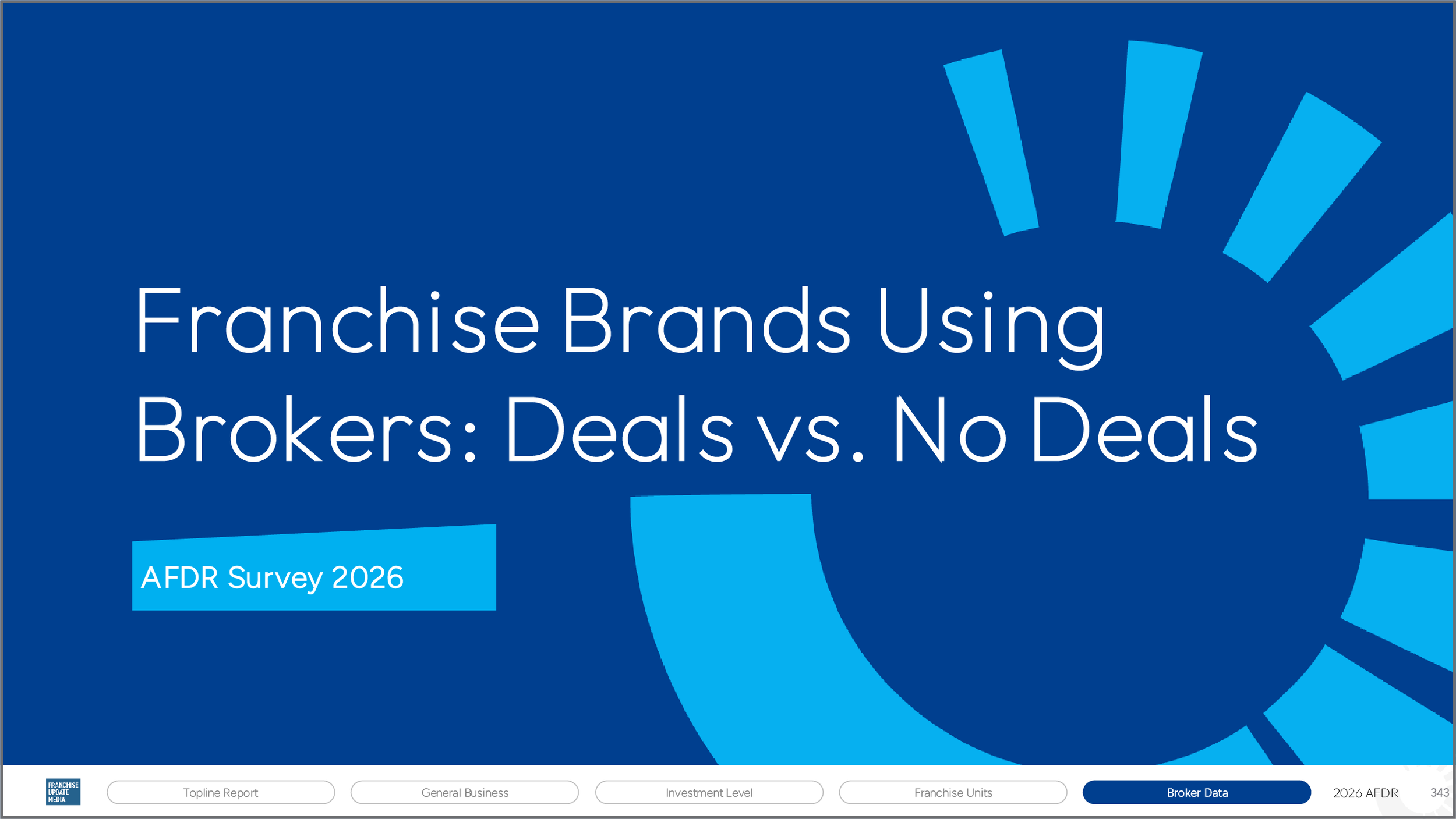 Cover page of a report titled 'Franchise Brands Using Brokers: Deals vs. No Deals' with colorful geometric design in shades of blue, and a subtitle indicating it's an AFDR Survey 2026.