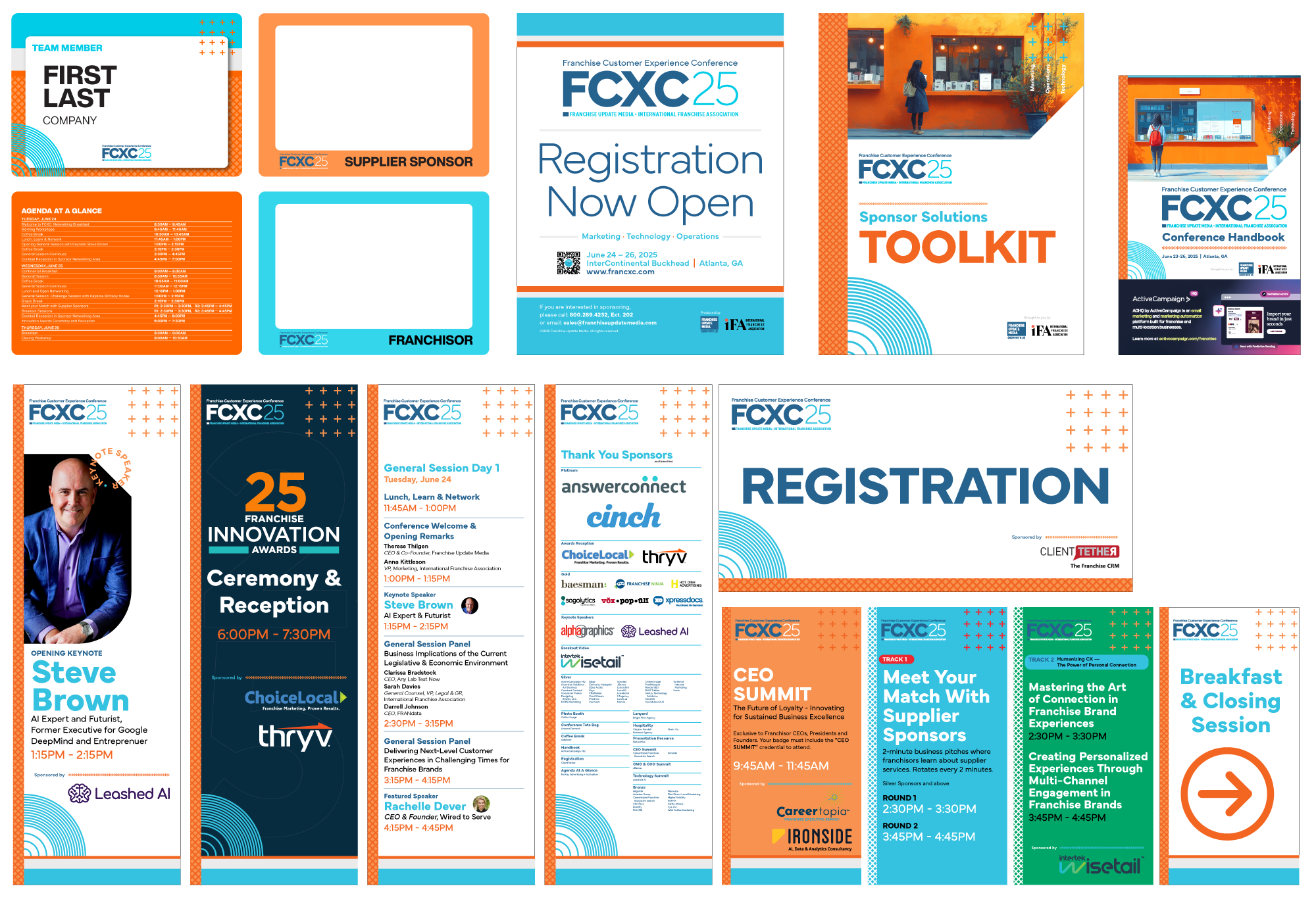 A collage of conference event banners and programs for the Franchise Customer Experience Conference (FCXC25). The banners include schedules, speakers, sponsorships, and event information for various sessions and keynote addresses, with a color scheme of orange, blue, white, and black.