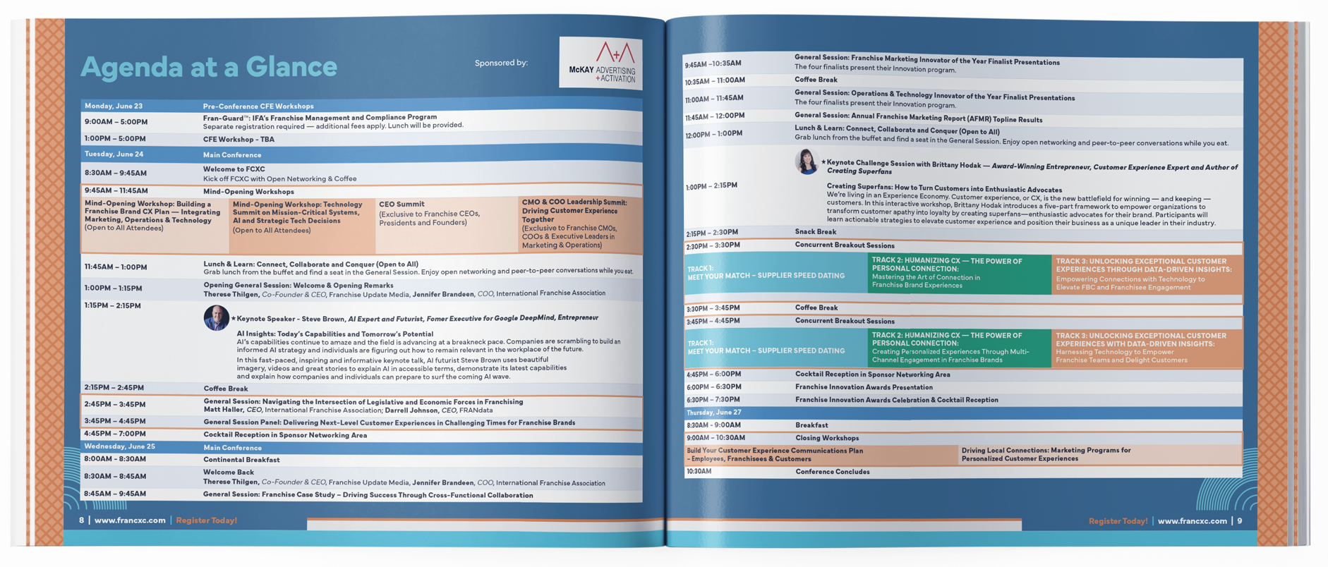Open conference agenda for June 23-27 with scheduled sessions, keynotes, breaks, and networking events, including titles, times, and speakers.