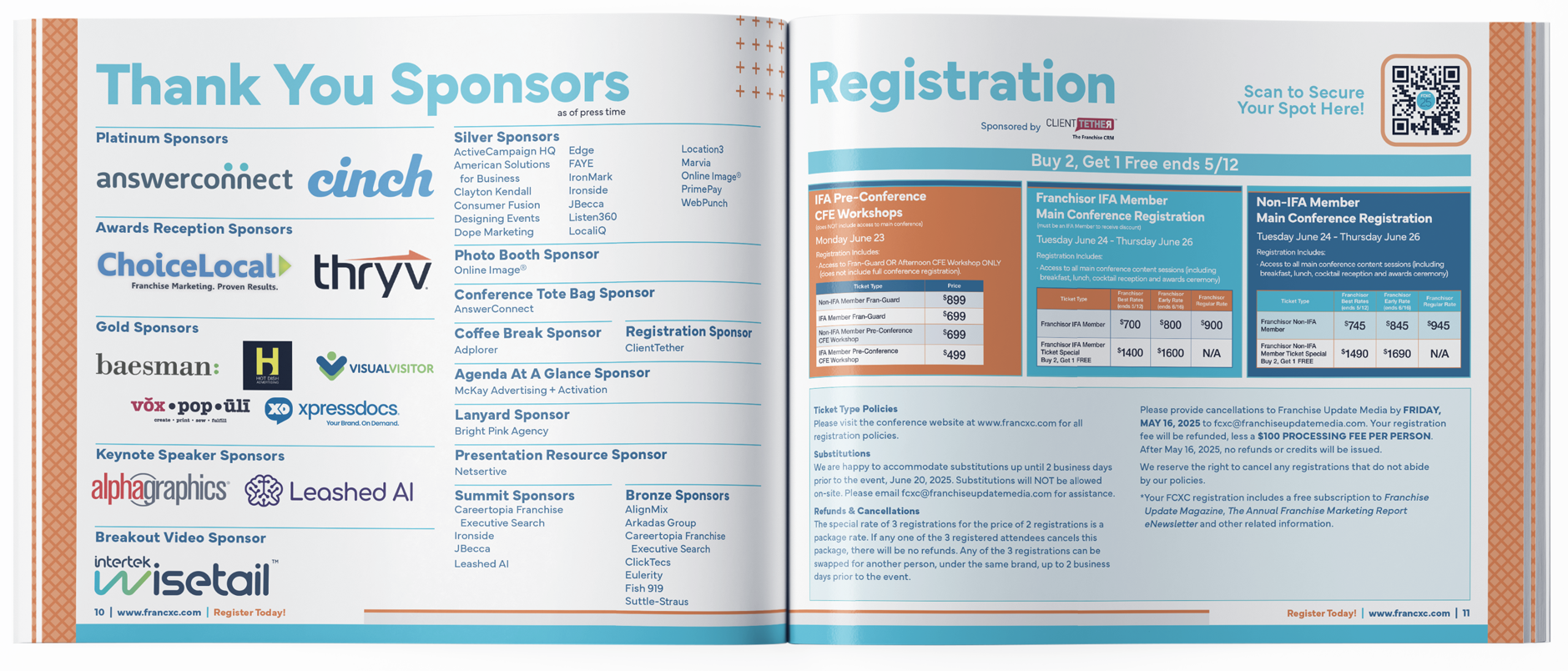A conference brochure page with sponsorship acknowledgments on the left and registration details on the right. The sponsors are categorized as Platinum, Silver, Gold, Keynote Speaker, Breakout Video, Conference Tote Bag, Photo Booth, Conference, Coff