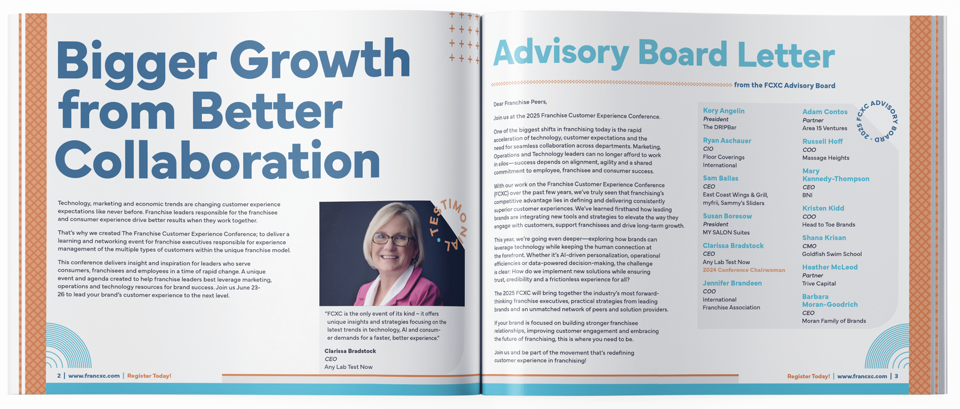 Open magazine spread with the left page featuring a headline 'Bigger Growth from Better Collaboration' and a photo of a smiling woman with glasses. The right page contains an advisory board letter and a list of names and titles.