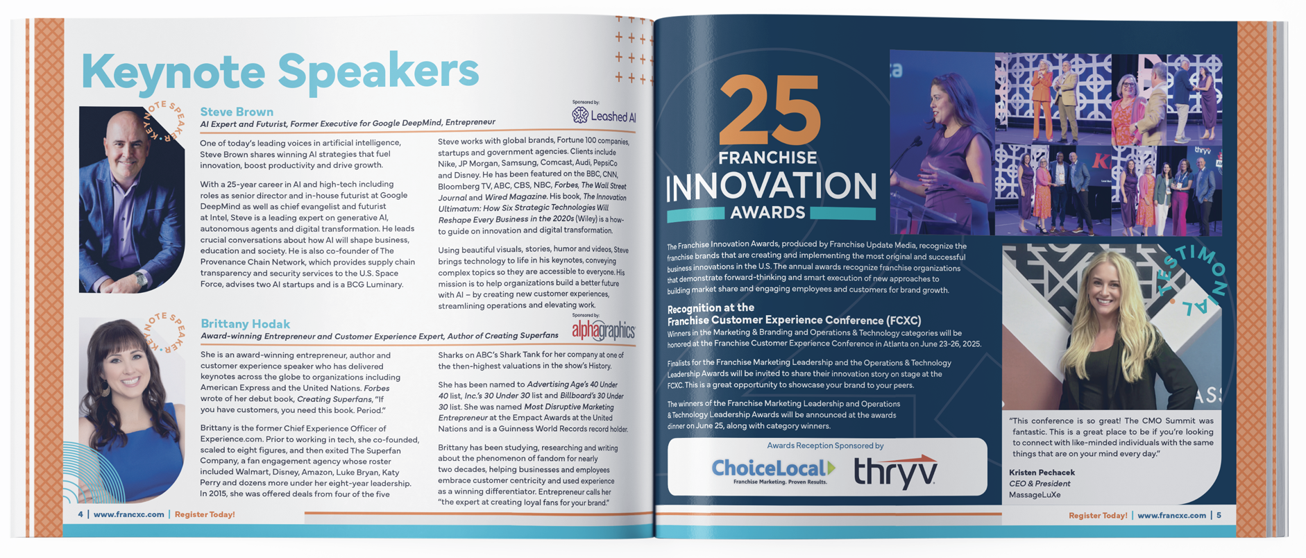 Program layout with profiles of keynote speakers Steve Brown and Brittany Hodak on the left page, and the right page features a large award event title "25 Franchise Innovation Awards" with photos of award recipients and a speaker on stage.