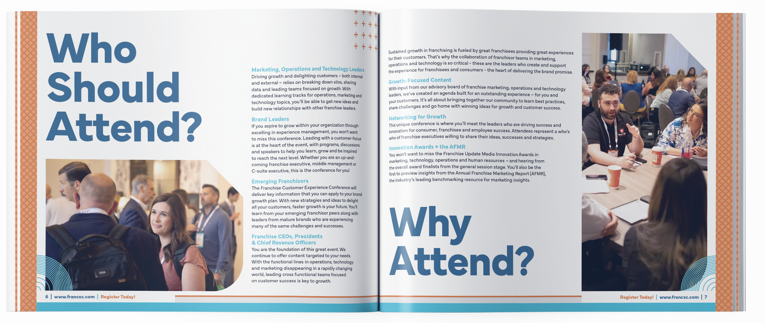 Open conference brochure with pages titled "Who Should Attend" and "Why Attend". The brochure features text detailing event themes and two photos of conference attendees engaged in discussions.