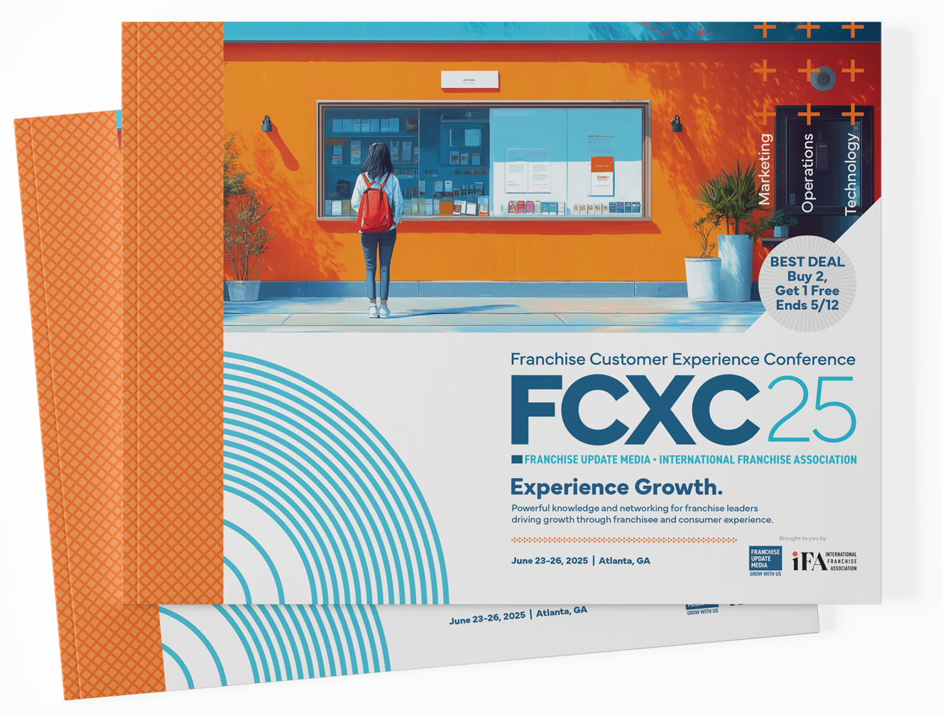 Conference flyer for Franchise Customer Experience Conference (FCXC 25), held June 23-26, 2025 in Atlanta, GA. The flyer features an illustration of a woman with a backpack standing in front of a colorful building with a large window display, with se