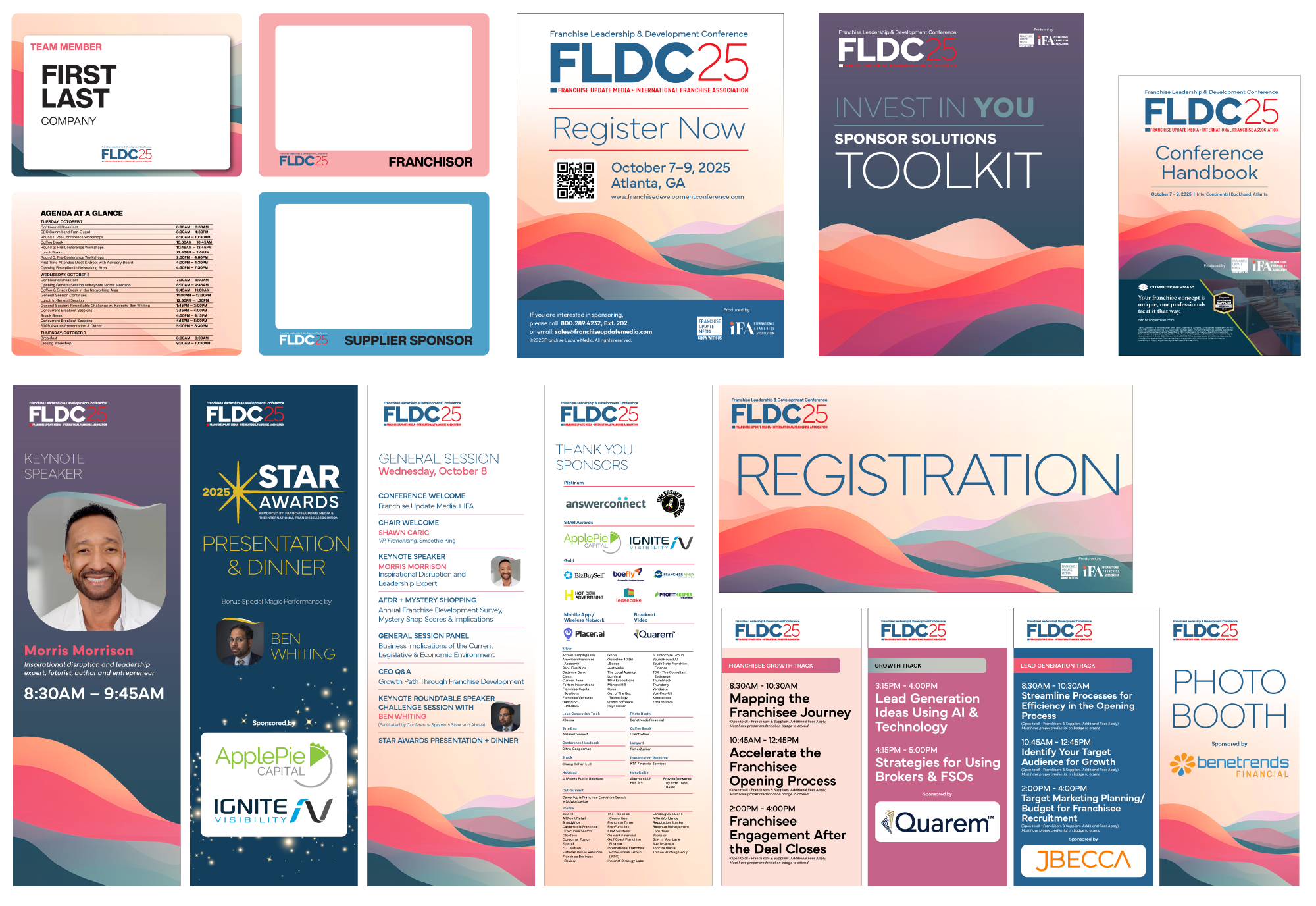 Conference brochure for FLDC25, a franchise leadership and development event held in Atlanta, Georgia, October 7-9, 2025. The brochure includes schedules, speaker information, sponsorship details, and various session topics related to franchise growth, AI technology, marketing, and networking.