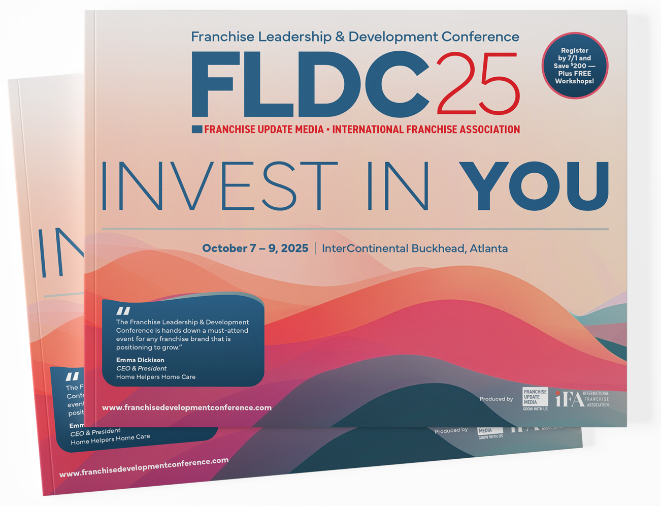 Conference flyer for the Franchise Leadership & Development Conference 2025, taking place October 7-9, 2025 at InterContinental Buckhead in Atlanta, with details about registration, speakers, and sponsors.