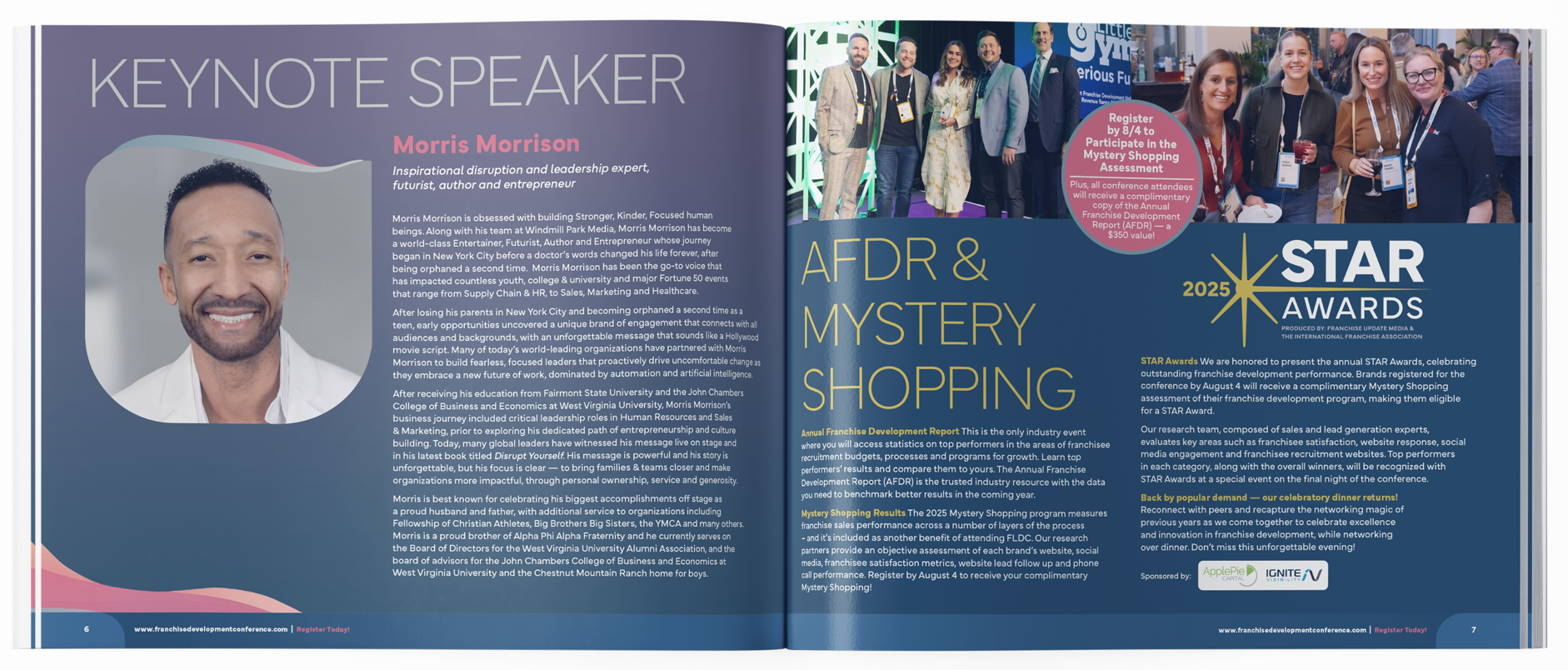 Open conference program or magazine featuring a keynote speaker profile of Morris Morrison, a group photo of conference attendees, and an award announcement for the 2025 STAR Awards.
