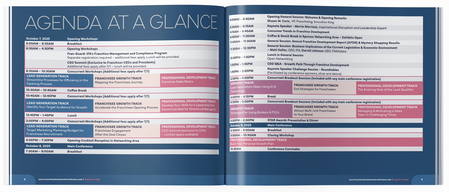 Open Agenda for a franchise development conference on October 7-9, 2025. The agenda includes workshops, keynote speeches, breaks, lunch, networking, and breakout sessions with various topics related to franchise growth, leadership, and development, a