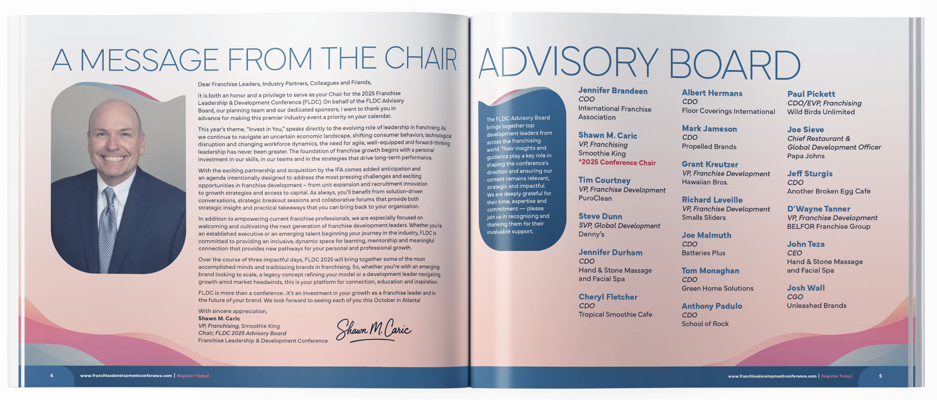 Open magazine spread with a message from the chair and a list of advisory board members. The left page features a photo of a man in a suit and tie, with a heartfelt message, signature, and title. The right page lists the advisory board members' names