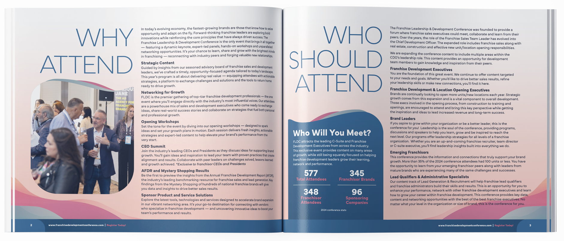 Open conference brochure with images of people networking and text about franchise development conference.
