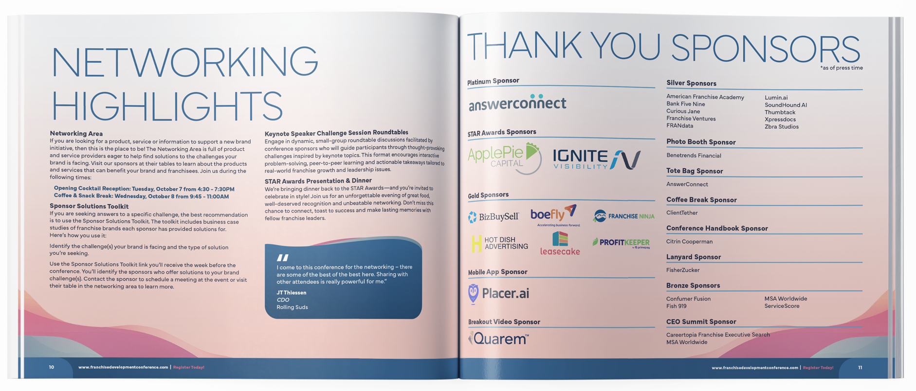 Open conference program with sections on networking highlights and sponsor acknowledgments, featuring a colorful wave design at the bottom.