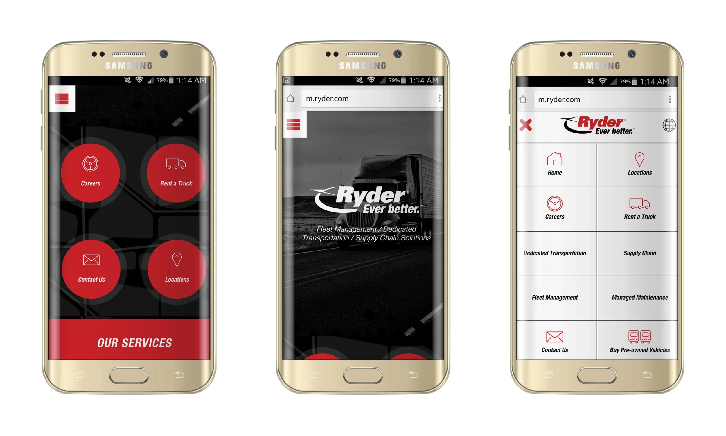 Three smartphone screens displaying the Ryder truck rental mobile app. The first screen shows main options with red buttons for Careers, Rent a Truck, Contact Us, and Locations. The second screen shows the Ryder homepage with truck image and logo. The third screen displays the app menu with options for Home, Locations, Careers, Rent a Truck, Fleet Management, and Managed Maintenance.