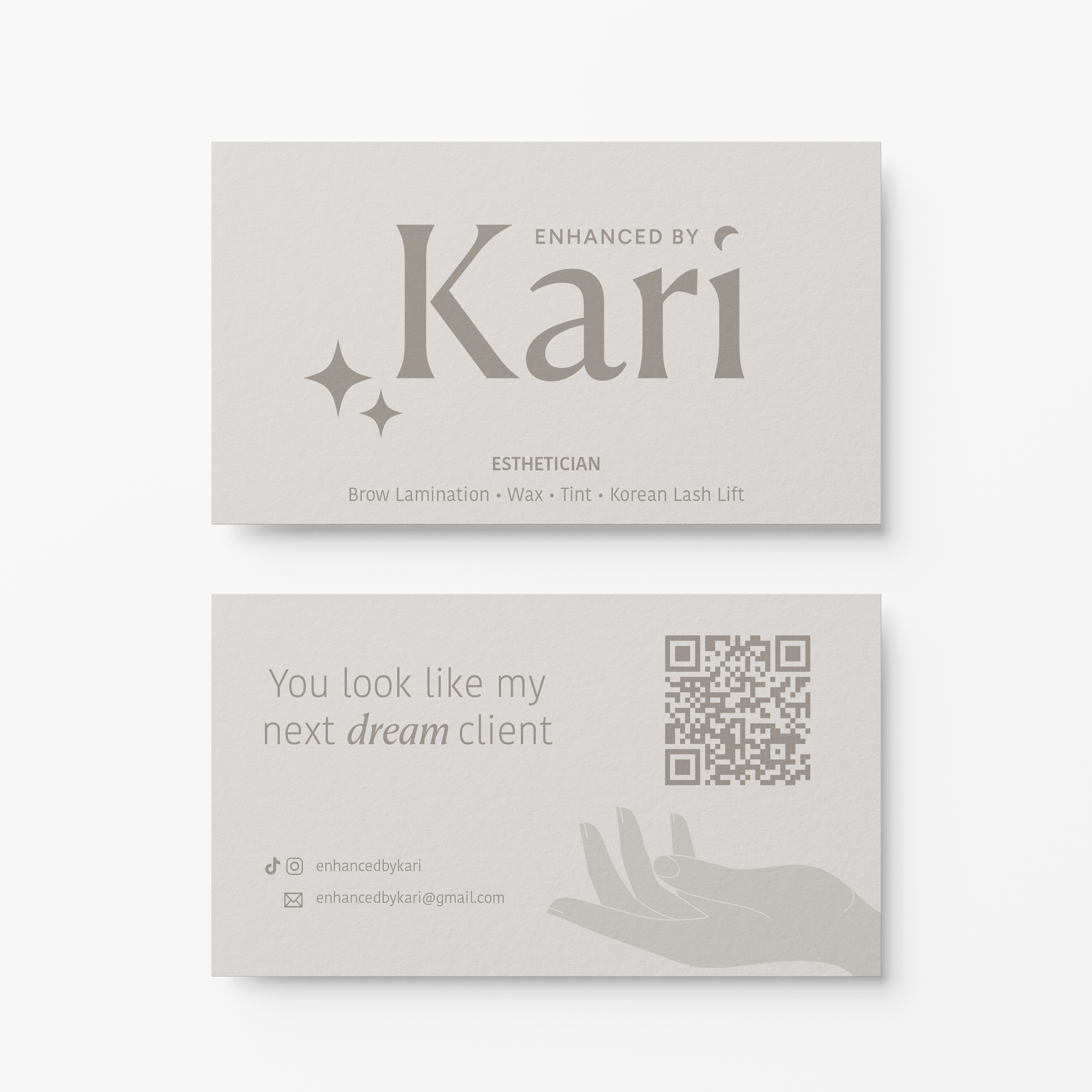 Business card for Kari, an esthetician, specializing in brow lamination, waxing, tinting, and Korean lash lifts. It includes a QR code, social media handle @enhancedbykari, and contact email enhancedbykari@gmail.com.