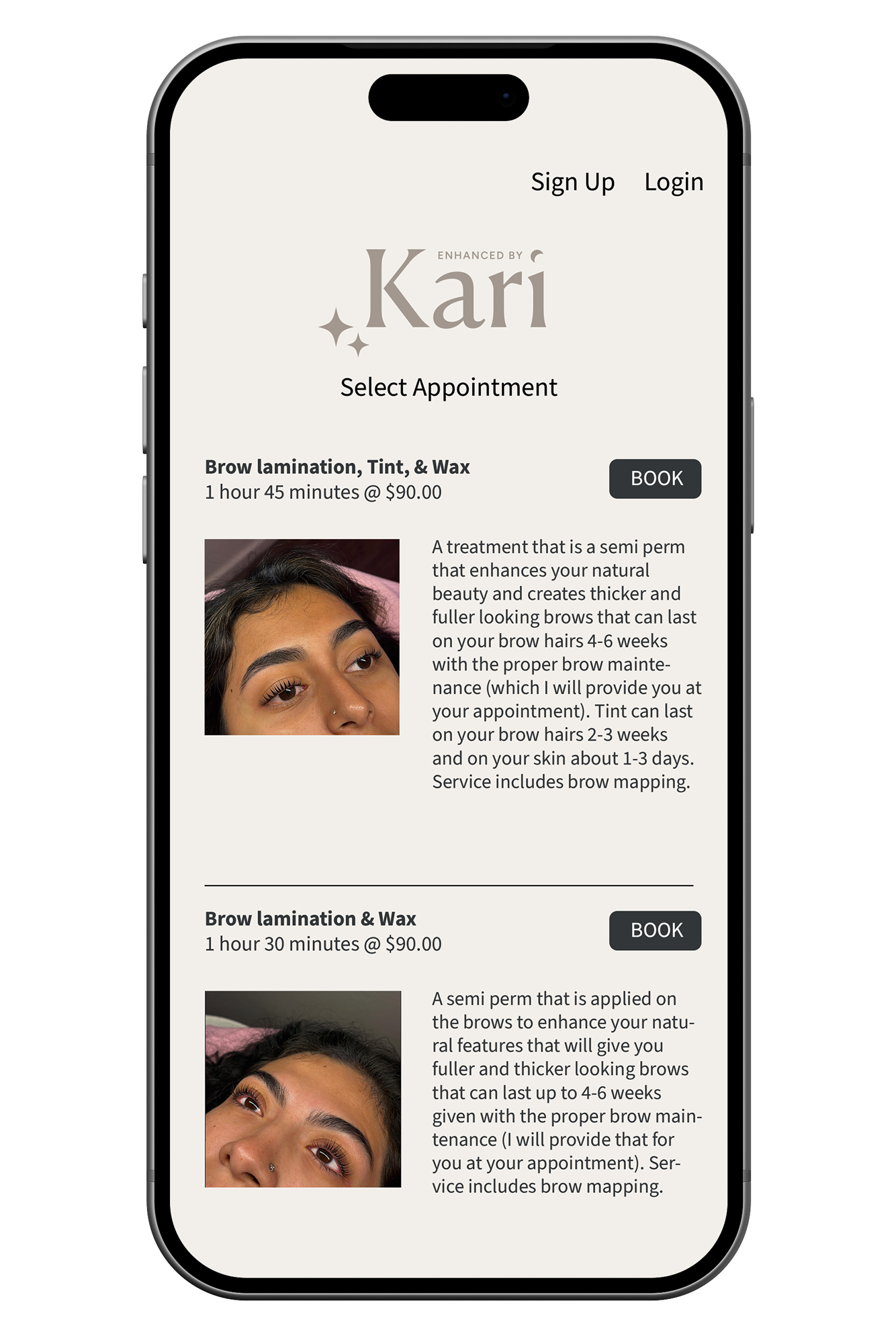 Mobile phone screen displaying an appointment booking webpage for brow lamination services. The page features a logo 'Kari' with decorative stars, options to sign up or log in, and details of services including brow lamination, tint, and wax, with pricing and duration. There are booking buttons and images of a woman with styled eyebrows.