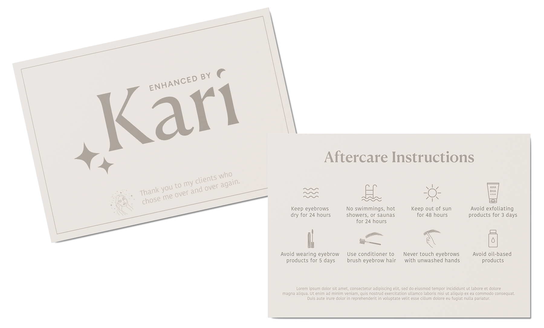 A set of skincare or beauty service instructions and thank you notes on a white background. The first card says 'Enhanced by Kari' with a thank you message underneath. The second card titled 'Aftercare Instructions' provides guidelines for eyebrow aftercare.