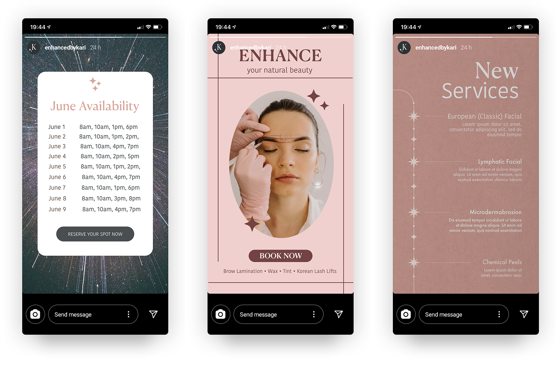 Three screenshots of social media stories promoting beauty and skincare services. The first highlights June appointment availability with dates and times; the second shows a woman receiving a consultation for facial treatments; the third lists new services including European facial, lymphatic facial, microdermabrasion, and chemical peels.