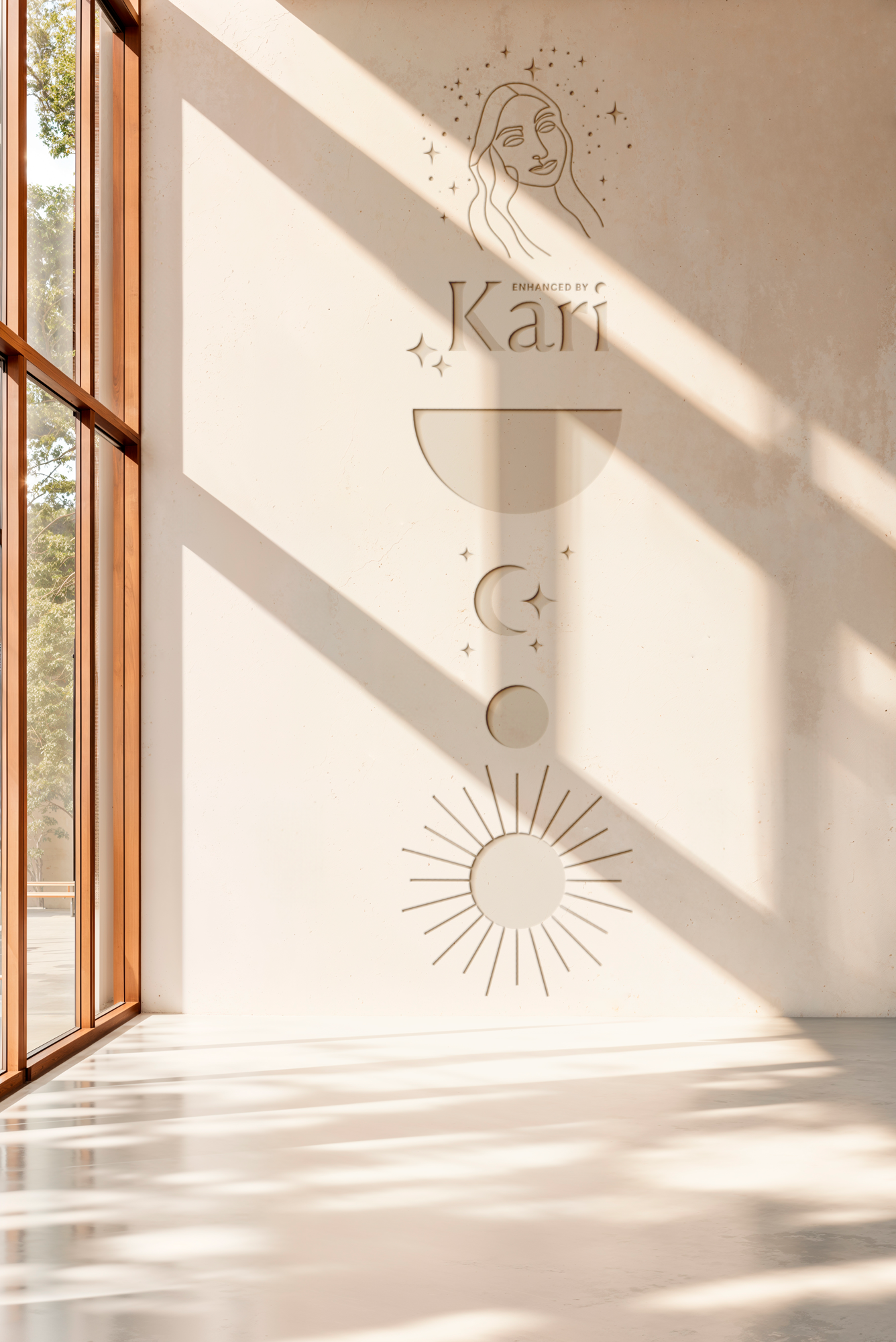 Sunlight streams into a room with a large window and casts shadows on a white wall. The wall has a minimalist line art design of a woman's face surrounded by celestial elements such as stars, a moon, and the sun symbol. The words 'Enhanced by Kari' a