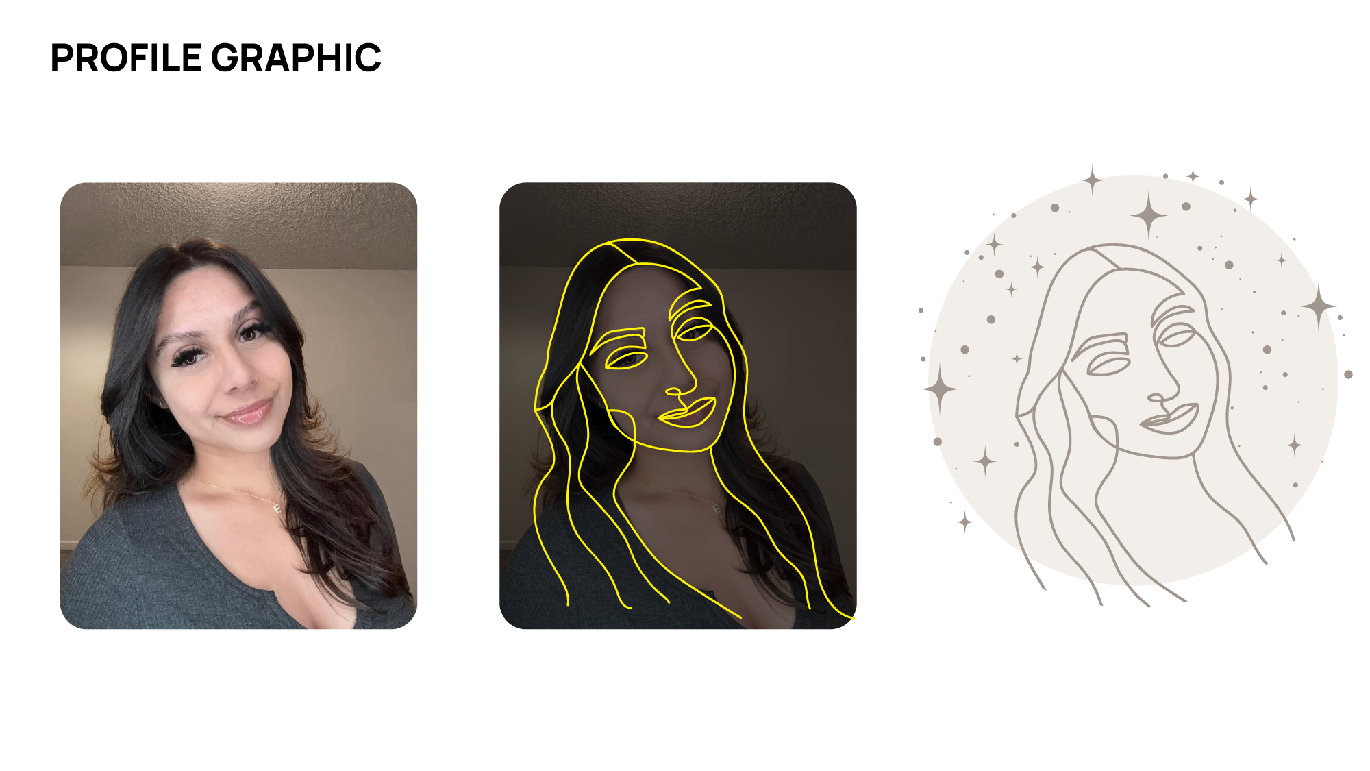 Progression of a woman’s portrait from a photo to a neon line drawing to a stylized graphic with stars and dots.