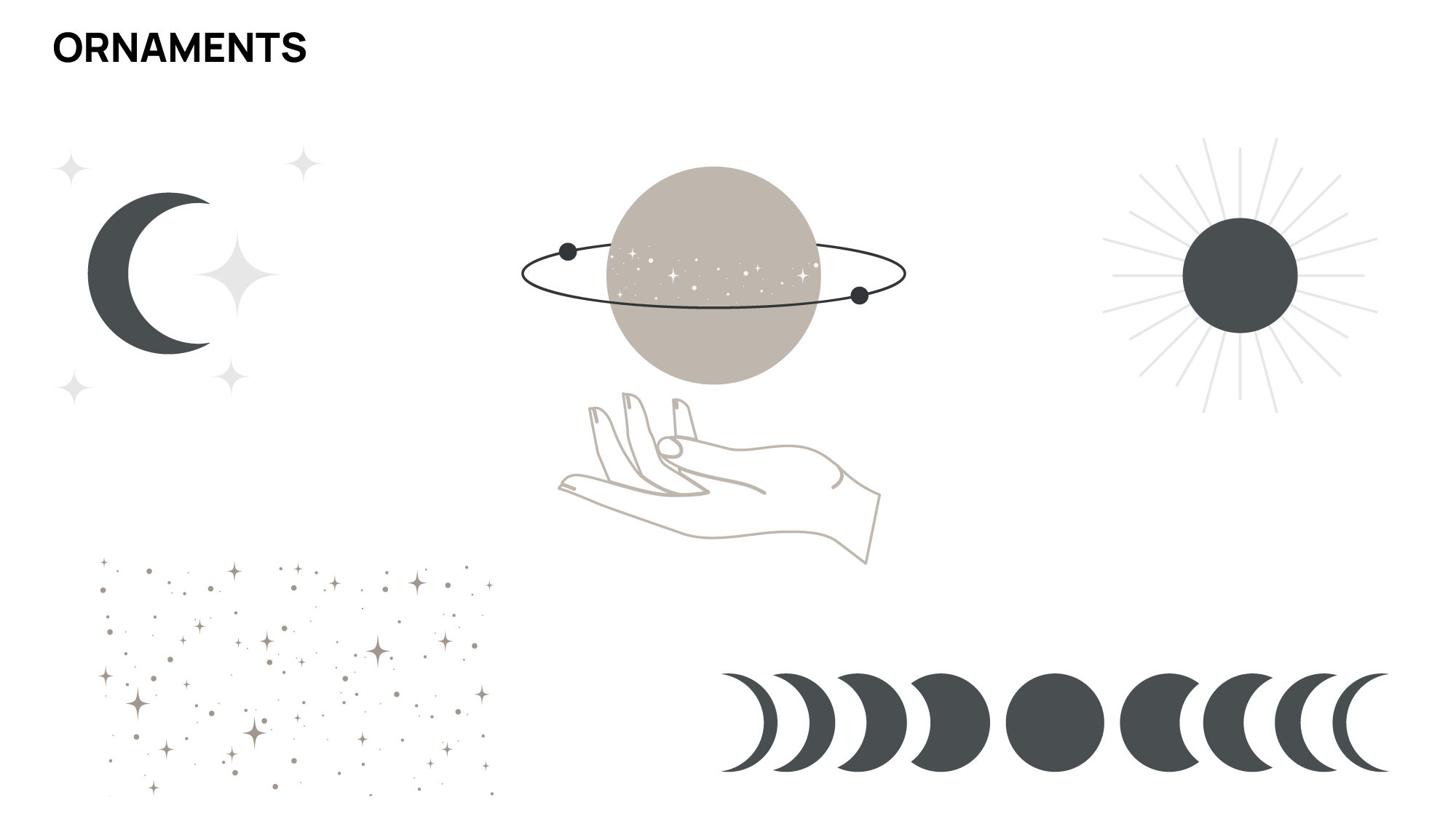 A dark-colored illustration of celestial elements including a crescent moon, stars, a planet with rings, a hand holding the planet, a black circle with radiating lines, waves, and a constellation of dots.