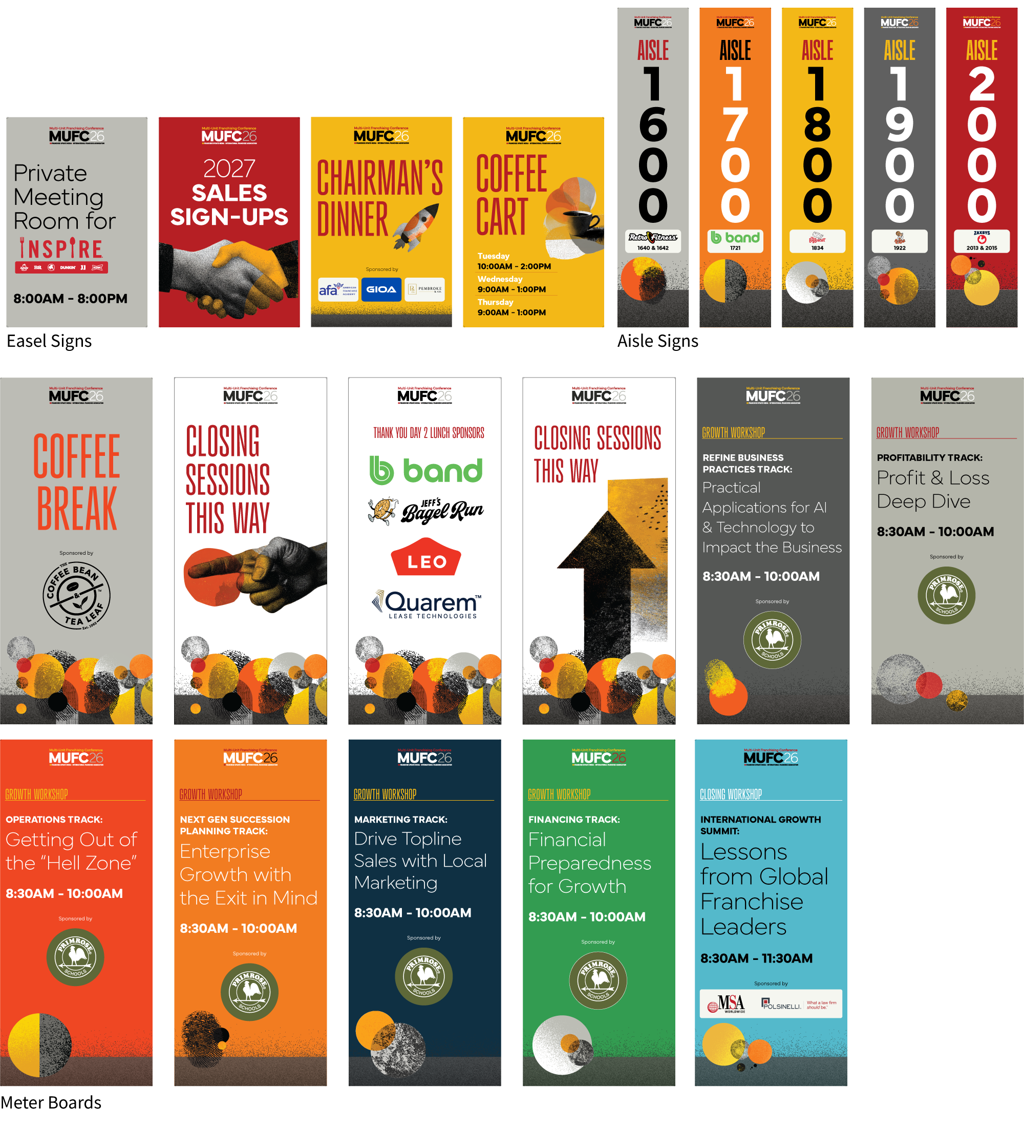 Conference schedule with colorful vertical banners displaying session titles, times, and sponsors for various tracks including operations, growth, marketing, finance, and international summit.