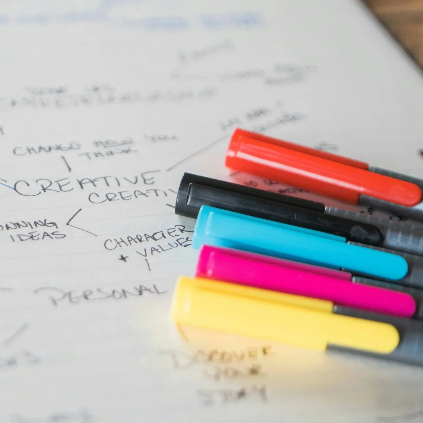 Colorful highlighters lying on a handwritten note with ideas about creative thinking.