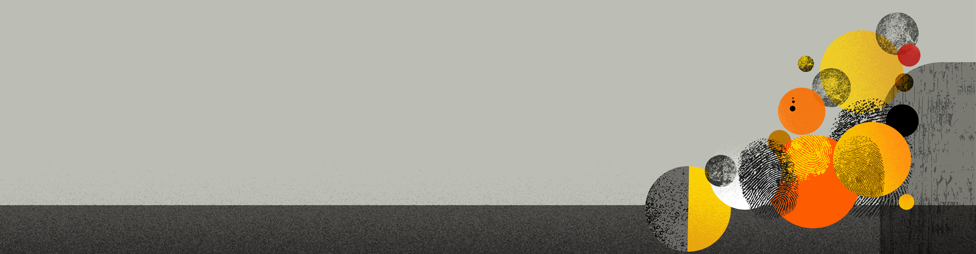Abstract digital artwork with overlapping circles, fingerprint patterns, and textured elements in shades of yellow, orange, black, gray, and red, set against a light gray background.