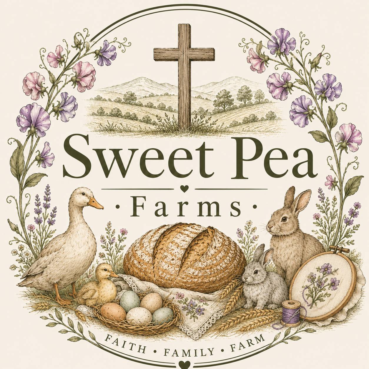 A logo for Sweet Pea Farms featuring a wooden cross in a pastoral landscape, surrounded by pink and purple flowers, with farm animals such as a duck, a chick, rabbits, and a loaf of bread, emphasizing faith, family, and farm life.