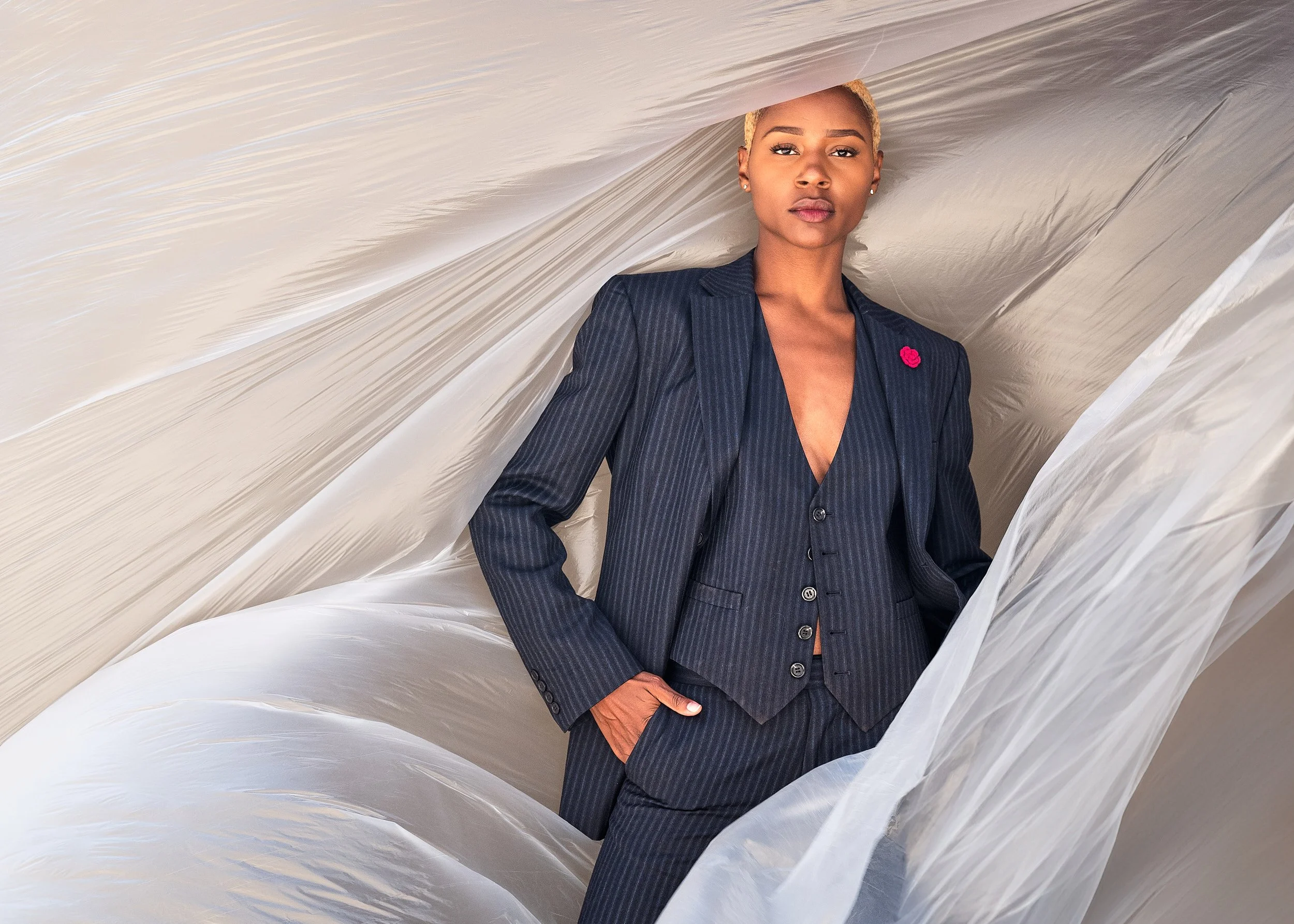 Diion Hart, Fashion editorial of woman in white draped fabric by Arsen Vasquez Photography in El Segundo California