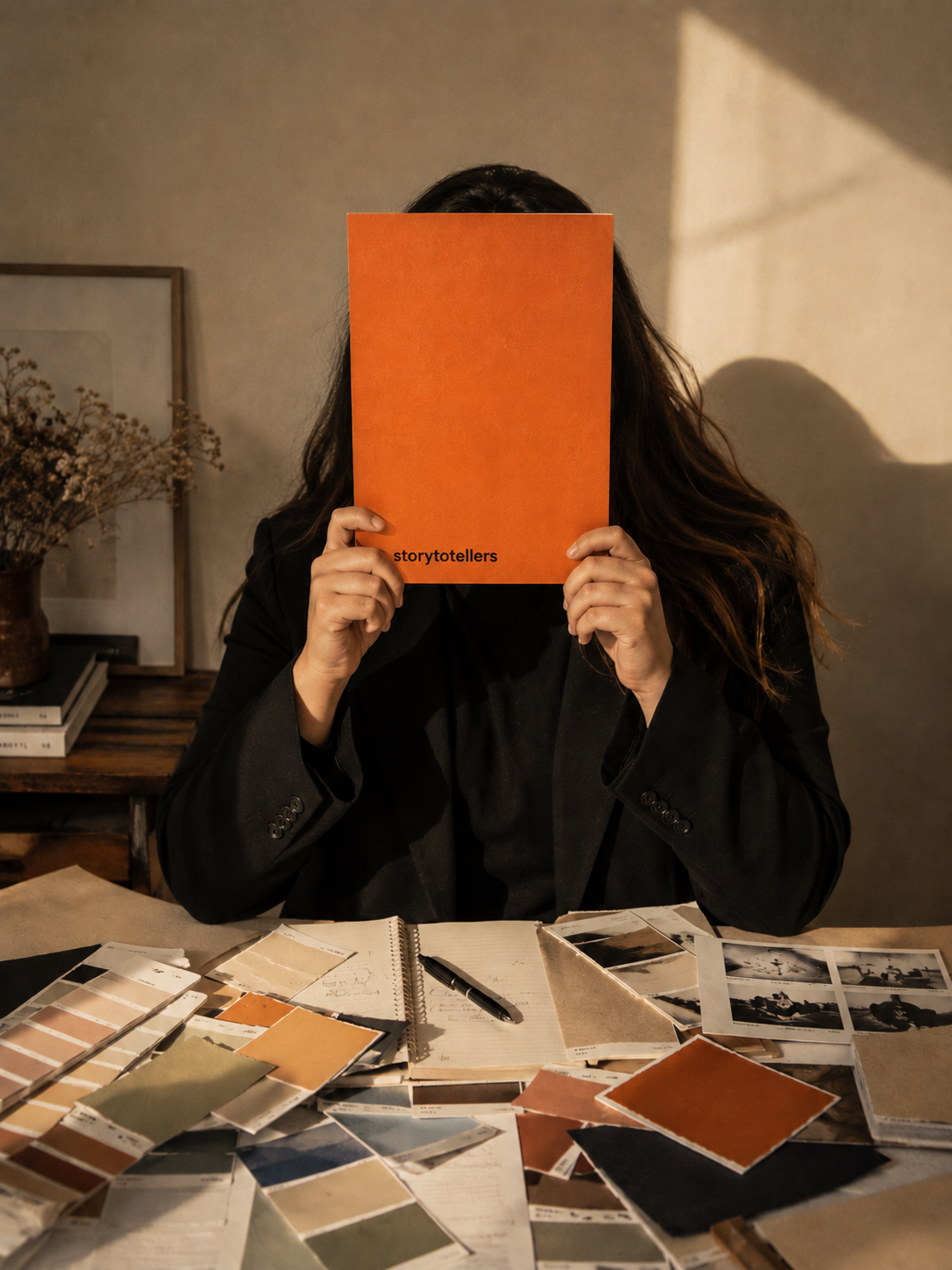 person holding orange Storytotellers book 
covering their face at a creative workspace, 
brand image for Storytotellers consultancy