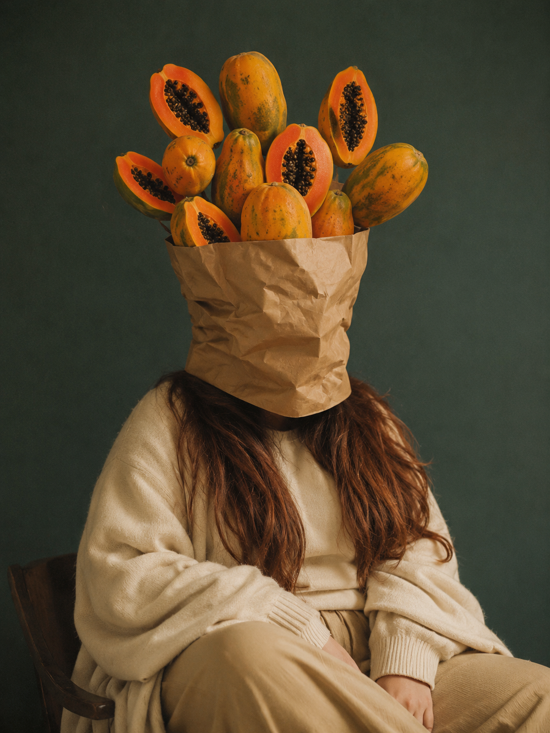 person in beige sitting with paper bag of 
papayas covering their head, editorial campaign 
image for Storytotellers creative consultancy