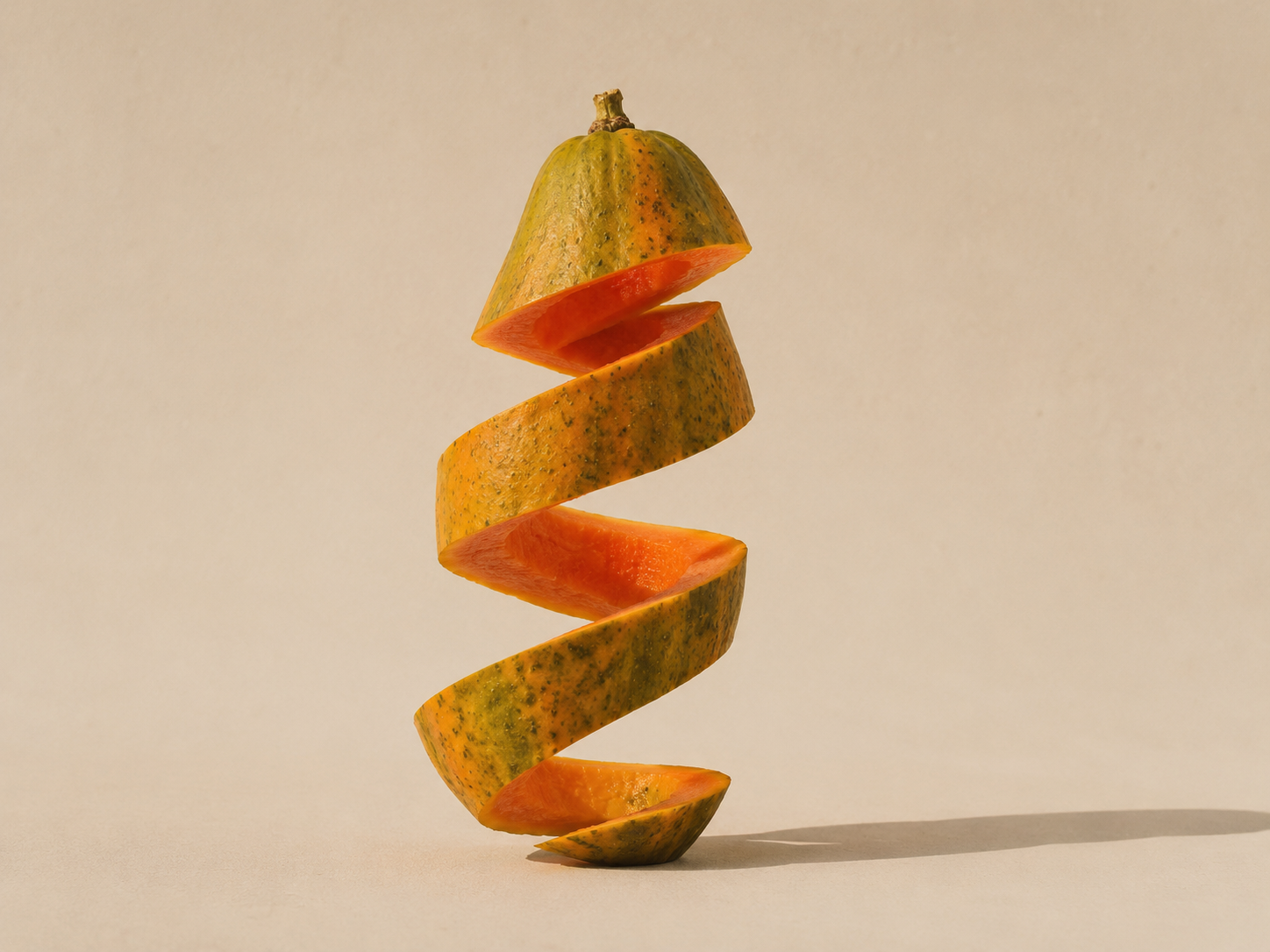 peeled papaya sliced into a spiral shape on 
neutral background, creative visual for 
Storytotellers brand identity