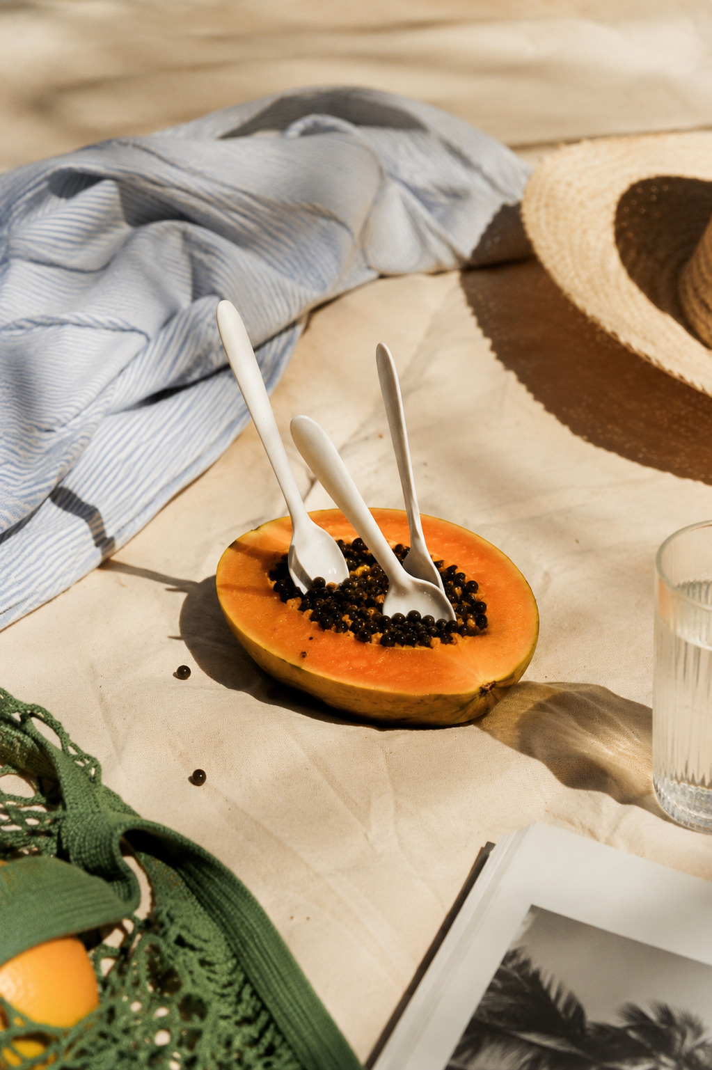 open papaya with black seeds and white spoons 
on beige tablecloth, editorial still life for 
Storytotellers creative consultancy