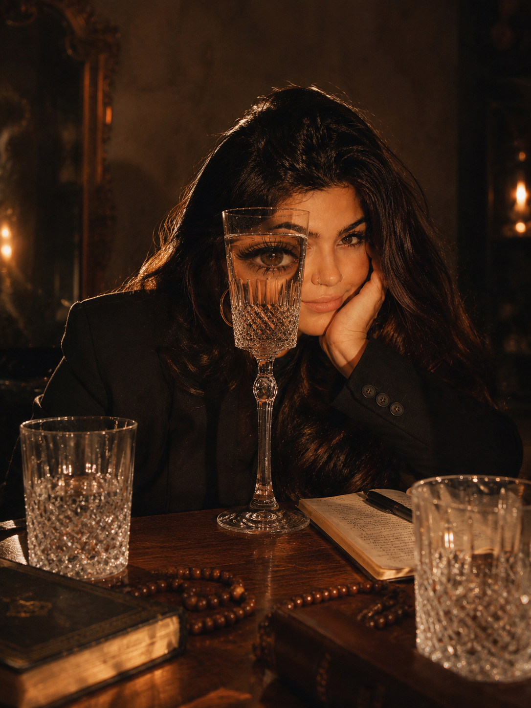 Patricia Mahfoud, creative consultant and founder 
of Storytotellers, seated at a candlelit table 
in a black blazer, Beirut